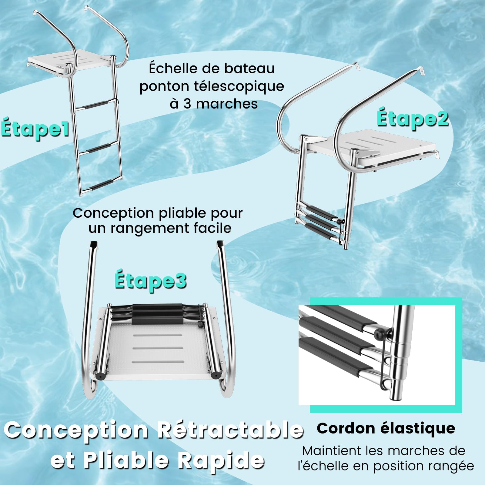 GOPLUS - Escalera de plataforma de 3 escalones de fibra de vidrio, escalera telescópica de acero inoxidable plegable para barco pontón con 2 rampas, pasos antideslizantes, para yate