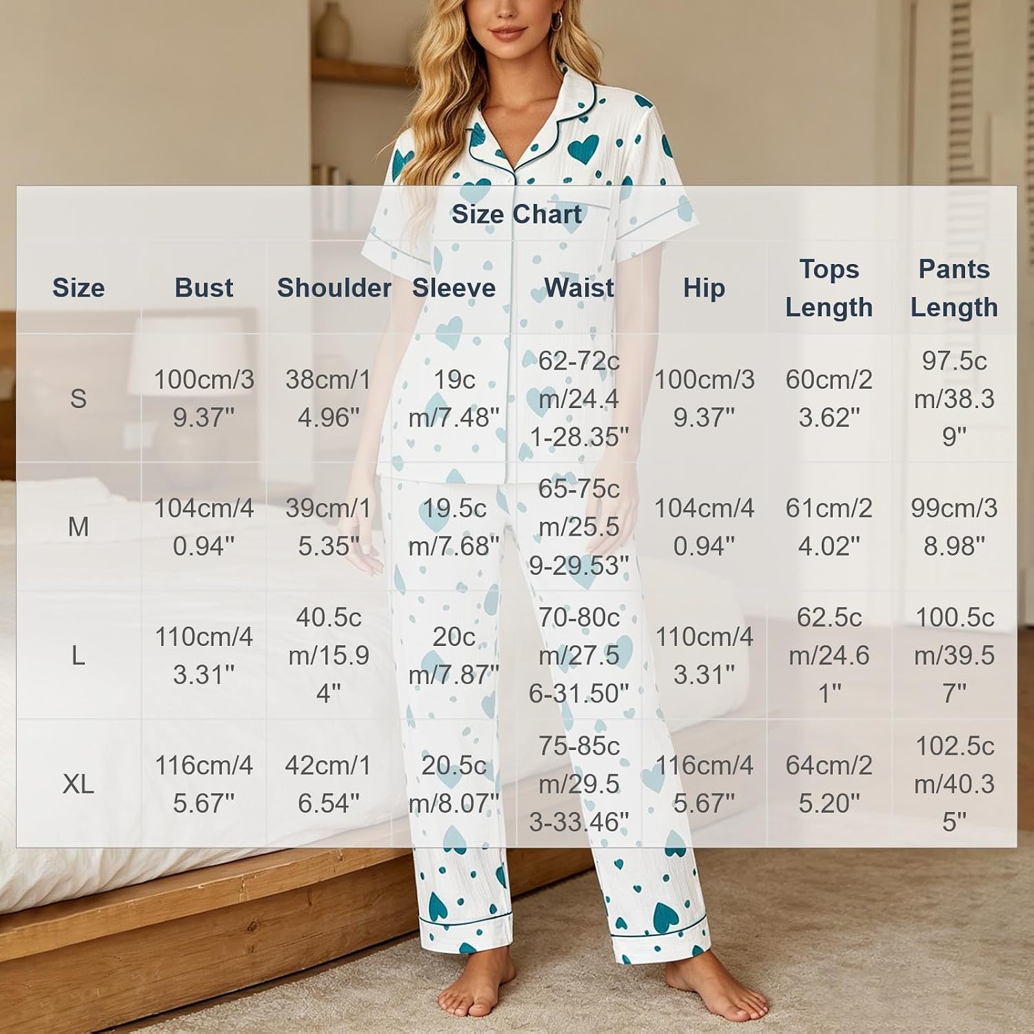 Womens Heart Print Button Up Pajama Set 2 Piece | Pajamas Sets for Women 2 Piece Matching Lounge Summer Button Up Cute Heart Print Pants Pj Set Comfy Sleepwear Sets