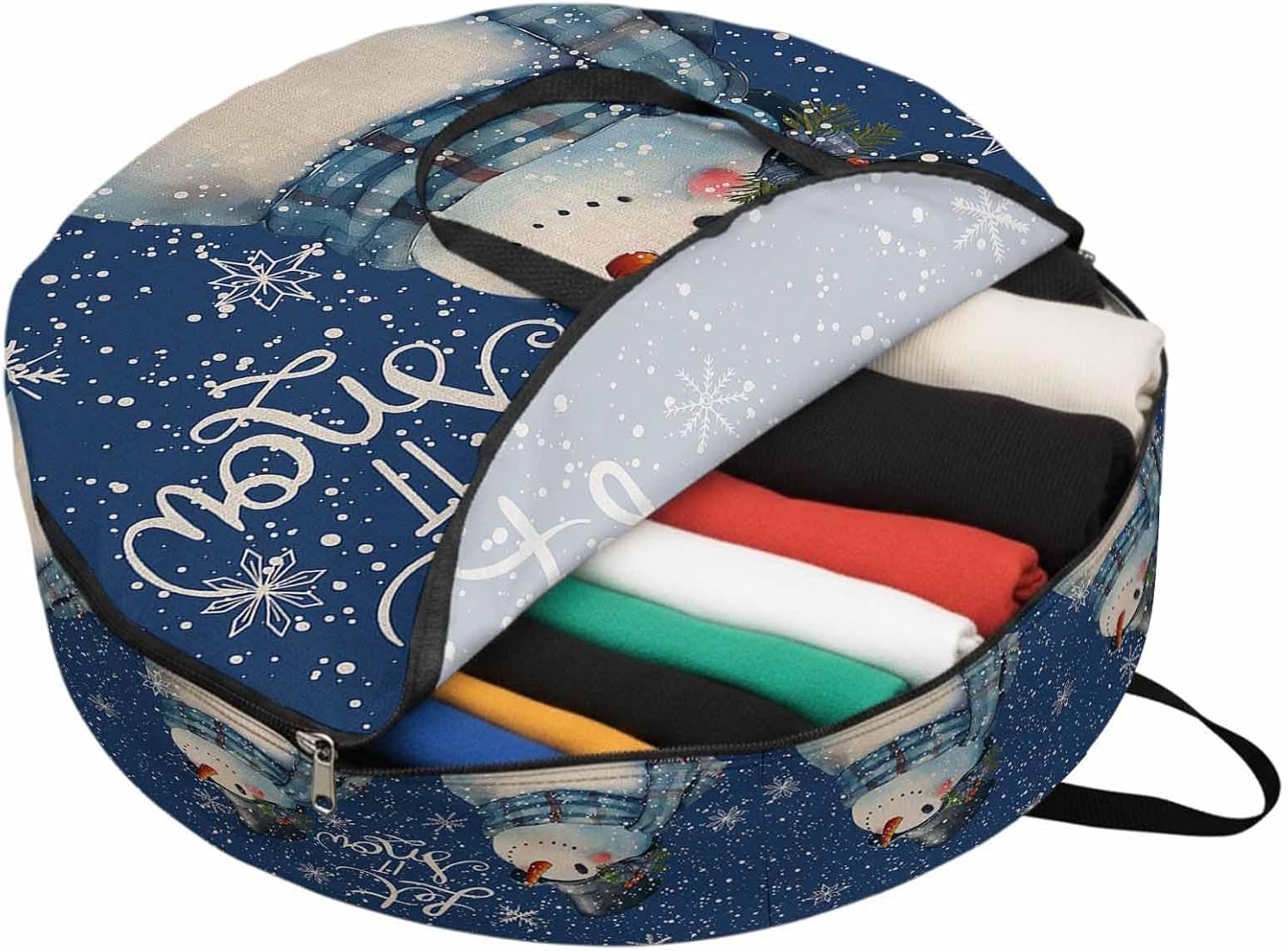 Navy Blue Round Storage Bag 36 Inch, Christmas Snowman Snowflake Watercolor Clothes Storage Container with Handles Heavy Duty Organizer for Comforter, Bedding & Holiday Wreaths