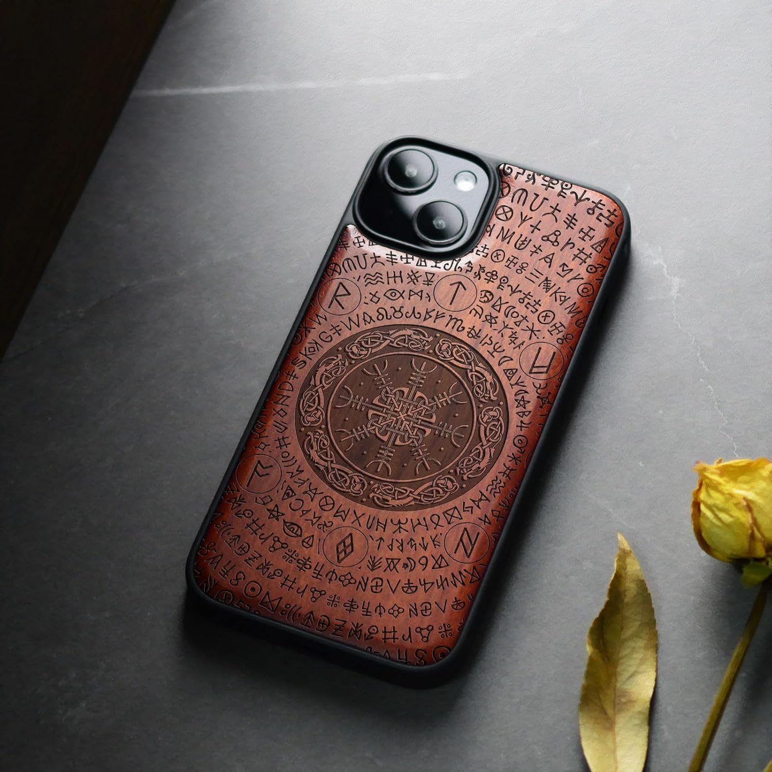 Carveit Magnetic Wooden Case for iPhone 15 Case, Compatible with MagSafe Wireless Chargers, Black Soft TPU Shockproof Cover & Wood Artisan Engraved (Viking Symbol) - Rosy