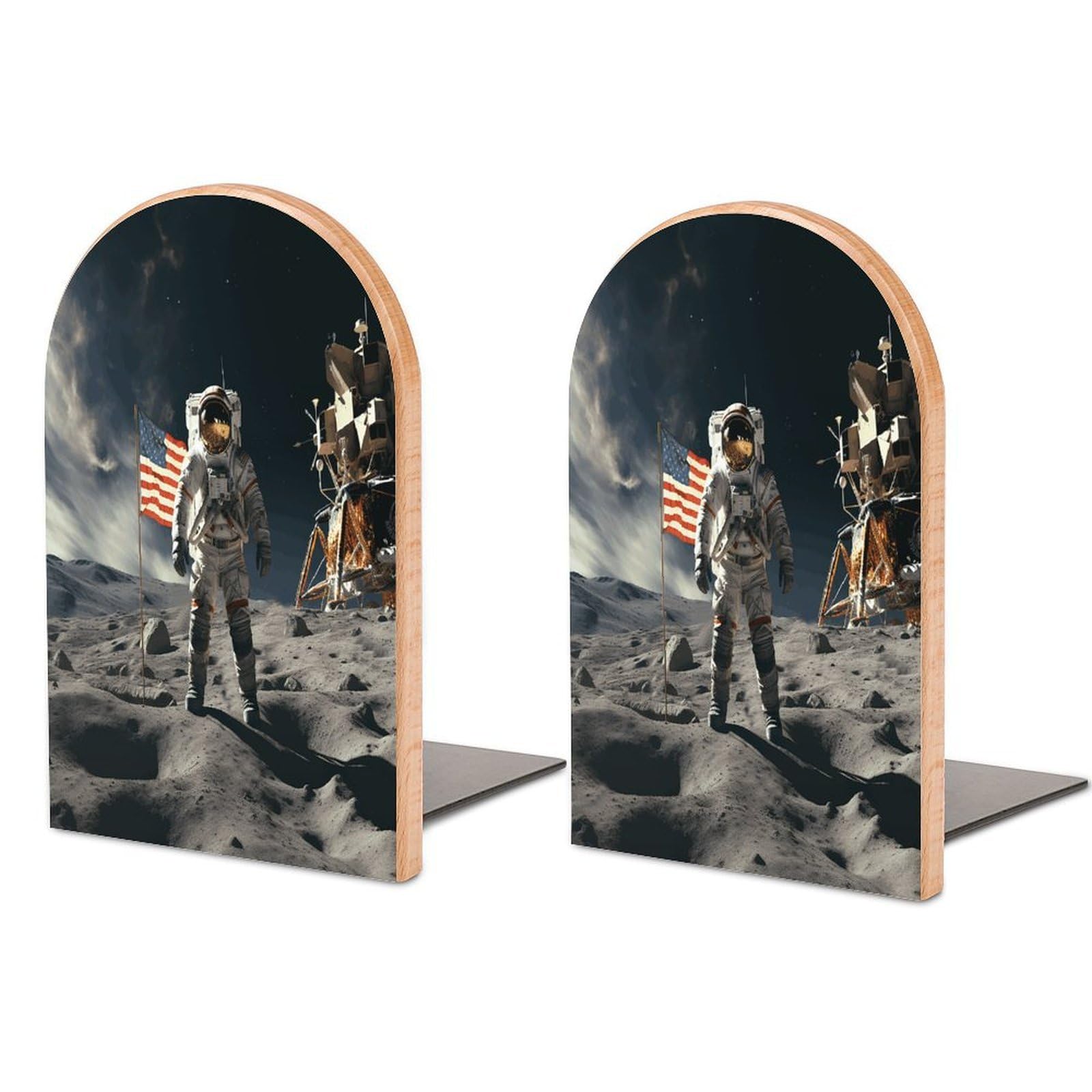 Astronaut Landing on The Moon Bookend Wood Book End for Shelves Heavy Duty Non-Slip Wooden Bookend Support Universal Economy Bookends Fancy Modern Decorative Book Accessories 1 Pairs