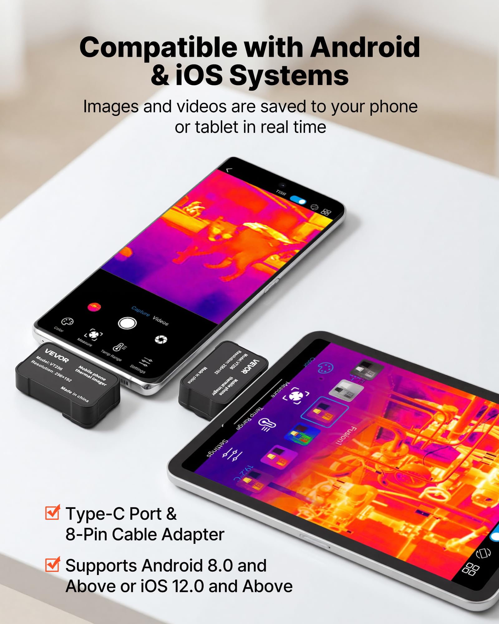 VEVOR Caméra Thermique pour Android et iOS Super Résolution TISR 512x384 Imageur Thermique Infrarouge Résolution 256x192 pour Smartphone et Tablette, 25 Hz, -20 °C à 550 °C, avec 6 Palettes Couleurs