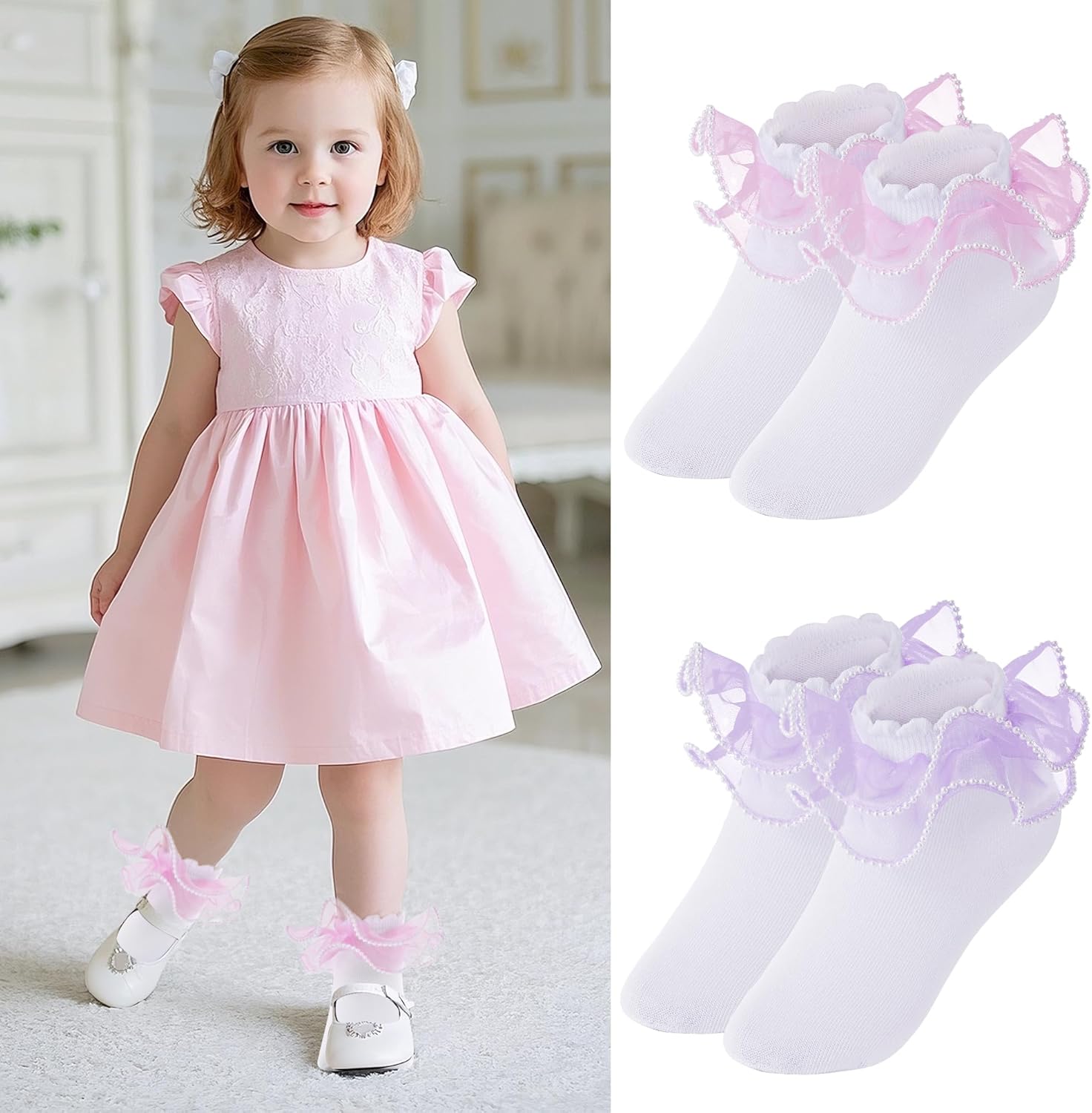 2 Pack Girls Frilly Ruffle Socks Cute Pearls Lace Socks for Toddler Little Girls Dress and Daily - Image 2