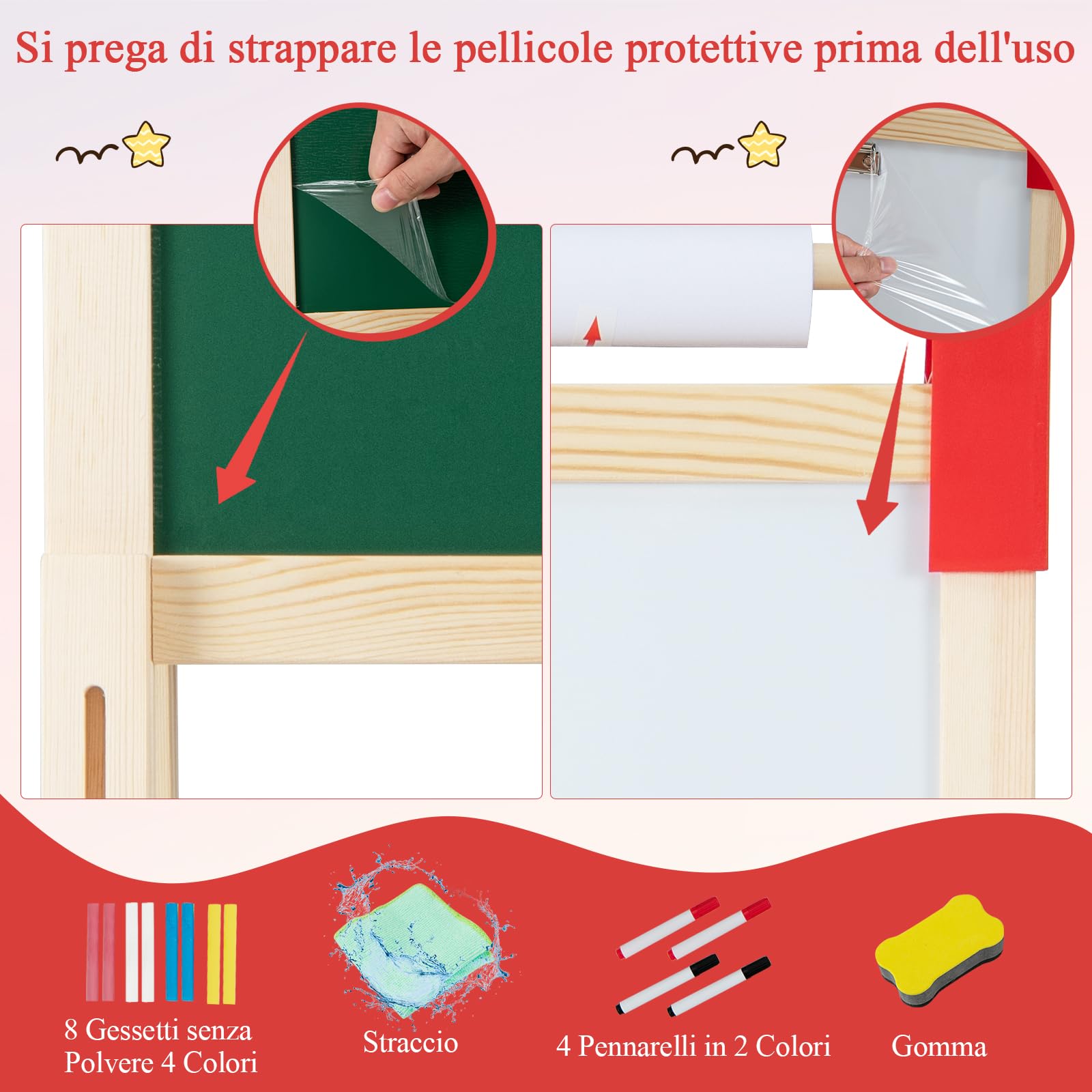 RELAX4LIFE 3-in-1 Cavalletto per Bambini Regolabile in Altezza, Cavalletto in Legno a Doppia Faccia con Lavagna Magnetica e Lavagna Bianca, Rotolo di Carta e Accessori per Pittura