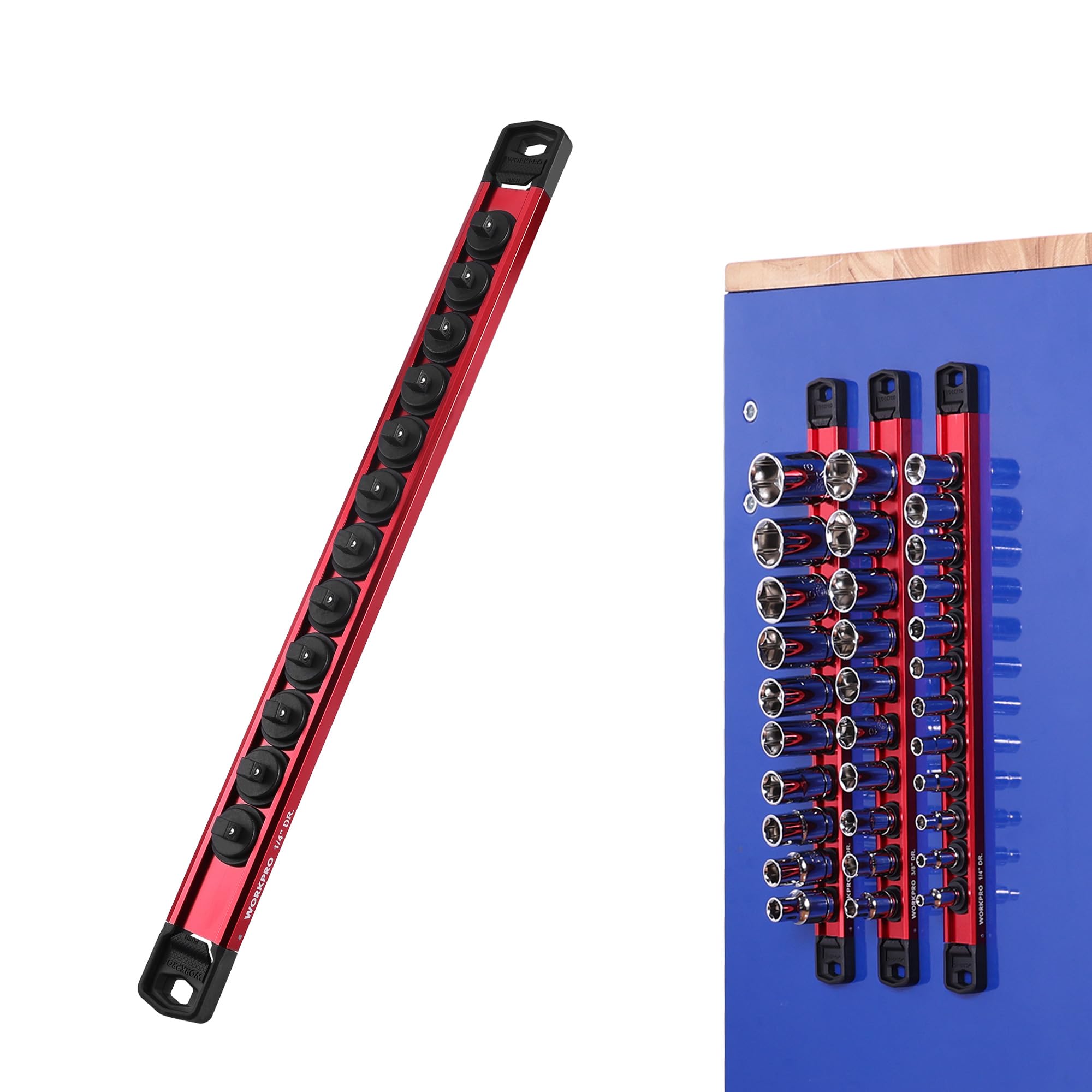 WORKPRO Magnetic Socket Organizer, 1/4" Drive Aluminum Alloy Socket Holder with 12PC Removable Socket Clips for Quick Customization, Socket Rail for