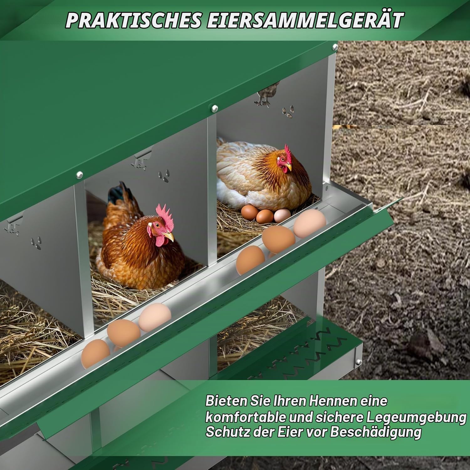 Hühner Legenester 10 Abteile, Metall Rollnestkasten Hühnernest mit Auffangschale & Lüftungsgitter, Hühnerstall Eiersammelboxen mit Standbeine, Stabiler, Korrosionsbeständiger, 136 * 43 * 90cm, Grün