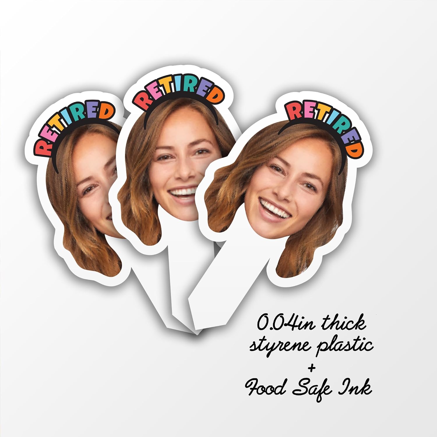 Custom Photo Cupcake Toppers for Retirement, 2x4 Inches, Solid Plastic Personalized Retirement Cupcake Toppers (Retirement Headband, 25)