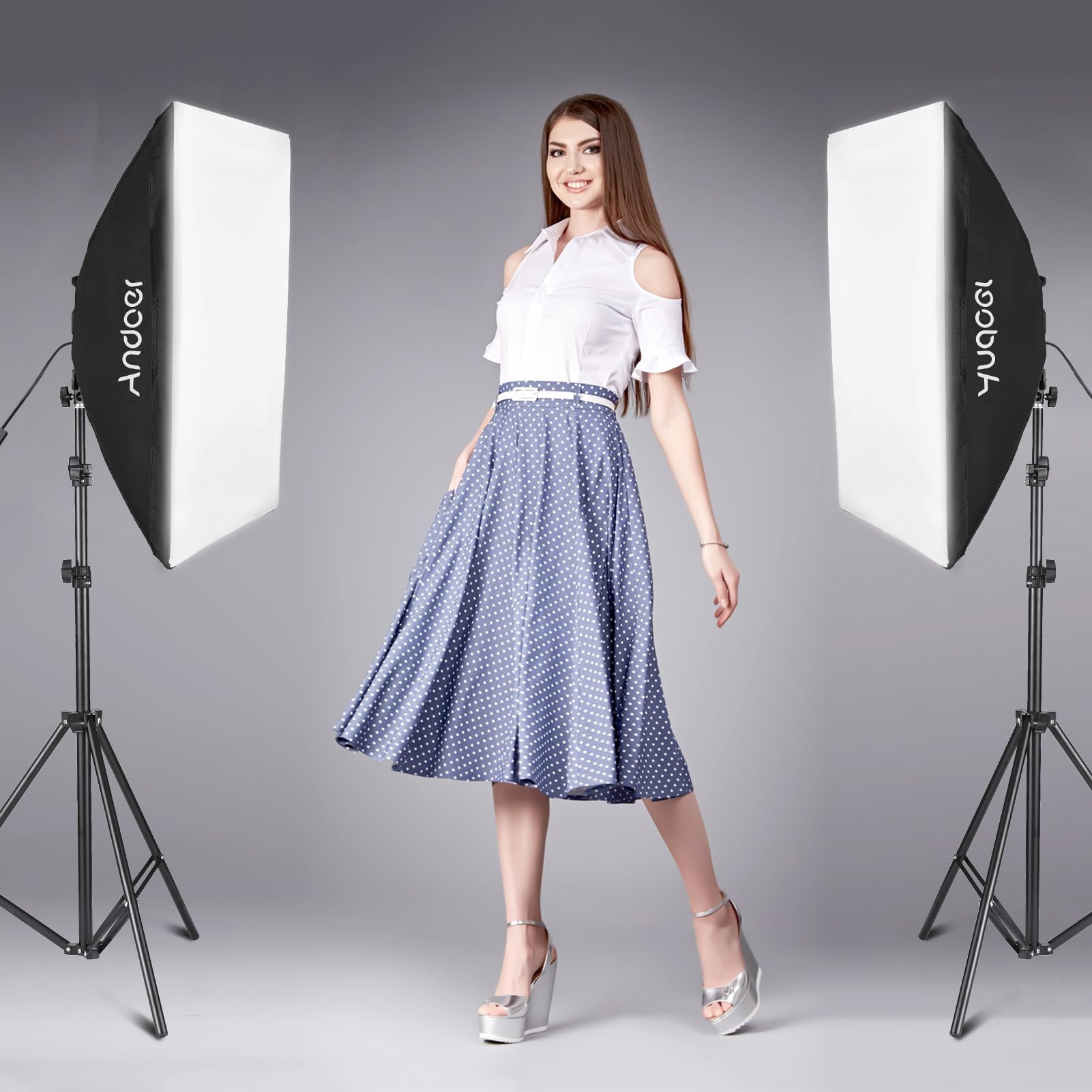 Andoer Softbox zestaw do studia fotograficznego, oświetlenie softbox 2 x 50 x 70 cm z 2 x 80 W, dwukolorowe światło wideo LED, 2 x statyw świetlny, 2 x pilot zdalnego sterowania do fotografii