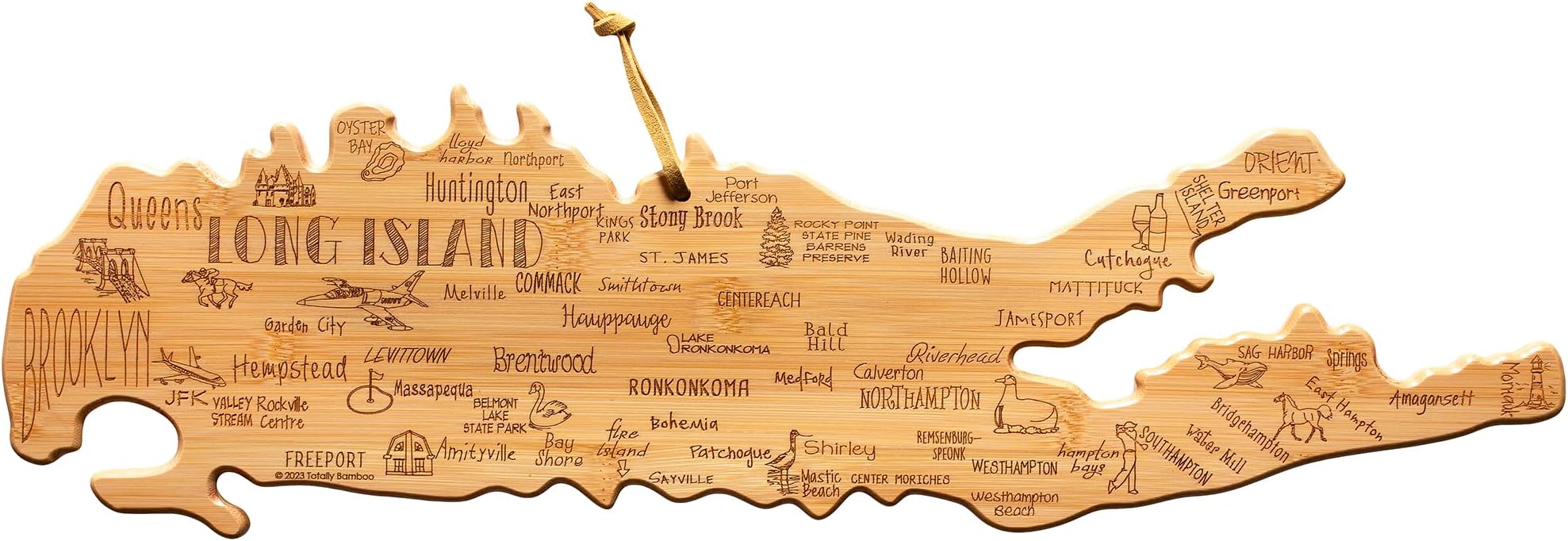 Totally Bamboo Destination Long Island Shaped Cutting Board – Bamboo Charcuterie and Serving Board with Hang Tie for Wall Display