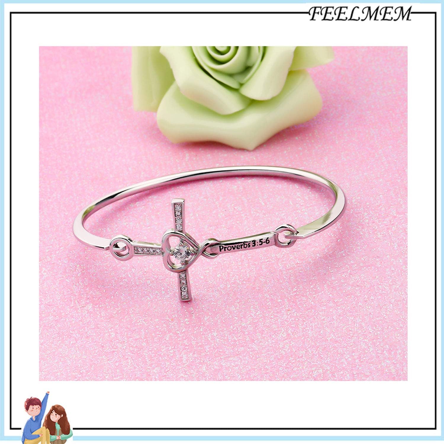 FEELMEM Christian Bracelet Faith Bracelet Proverbs 3:5-6 Trust in the With All Your Heart Bible Verse Cross Bangle Bracelet Religious Gift Christening Gift (proverbs3:5-6) - Image 2