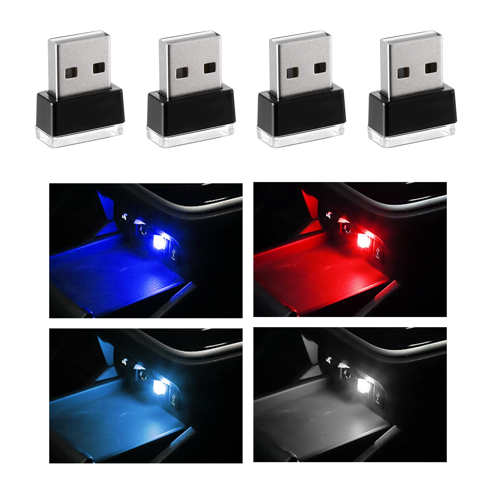 Sylvil 4 Pack Car Interior USB LED Atmosphere Lamp Mini LED Night Light Mood Light Kit Trunk Light Universal Car Interior Accessories (Blue+Red+Blue) — image 1