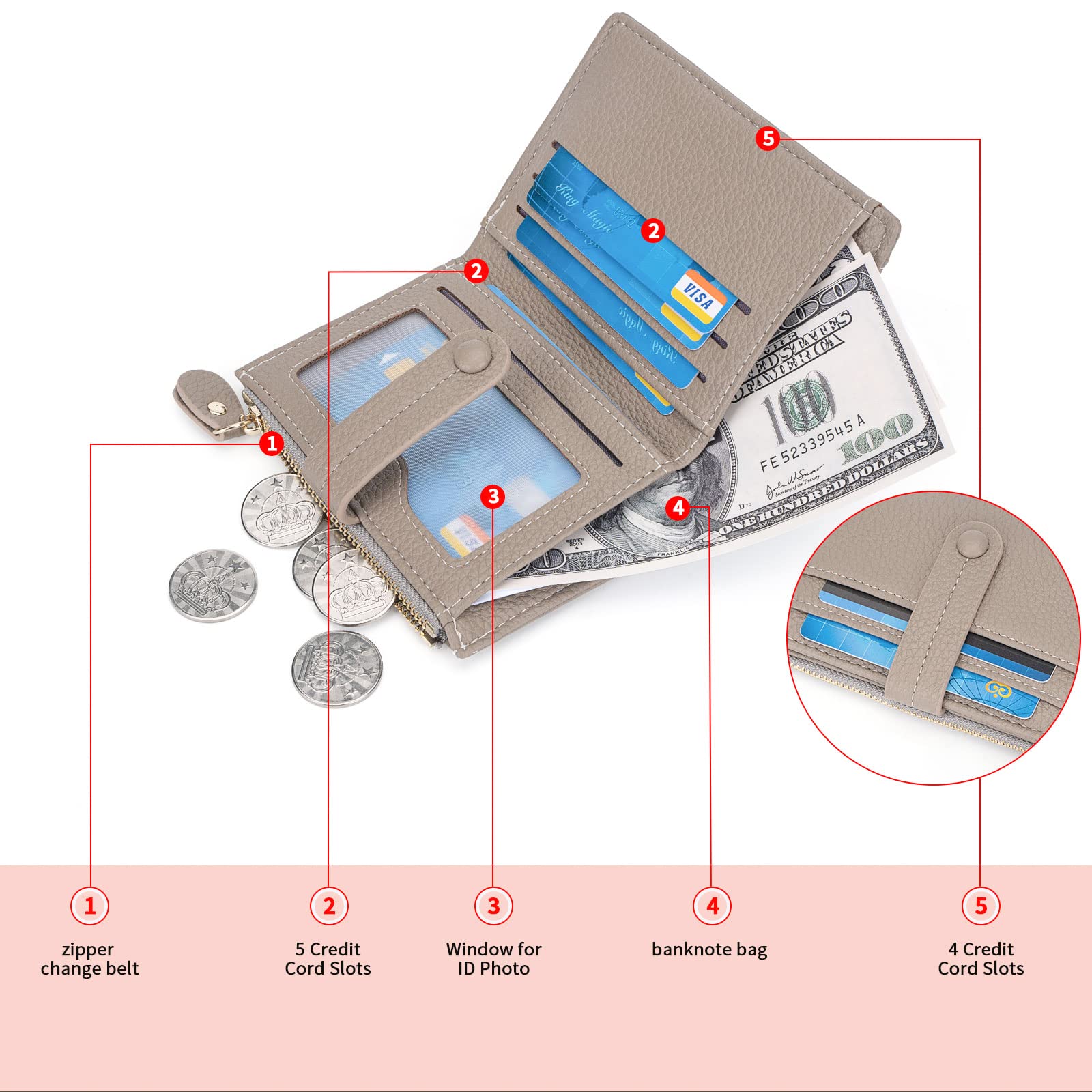 HKCLUF Portafoglio Donna Piccolo, RFID Portamonete in Pelle Cerniera Porta Carte di Credito con Tanti Scomparti(A03-Grigio)