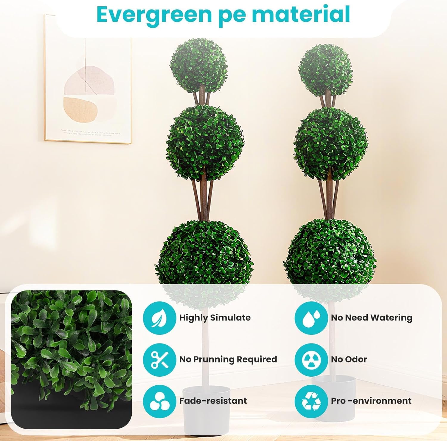 4ft Artificial Triple Ball Boxwood Topiary Tree with Planter Pot, Realistic Faux Shrub for Home Porch Garden Decor, 2 Pieces