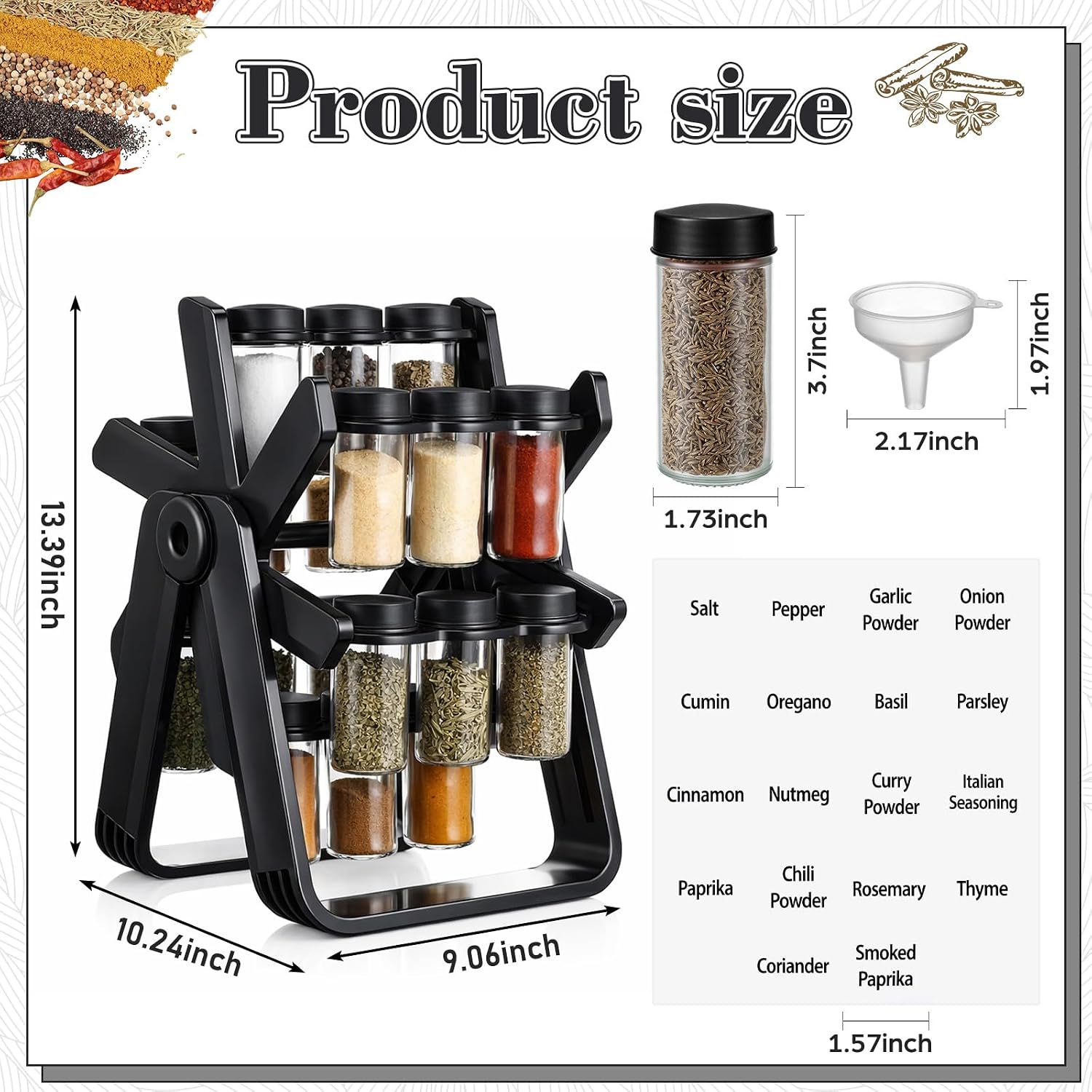 Yungyan Ferris Wheel Rotating Spice Rack Seasoning Organizer with 18 Empty Jars, Spice Containers Set with Labels and Funnel, Revolving Seasoning Rack Black Kitchen Countertop Cabinet Accessories