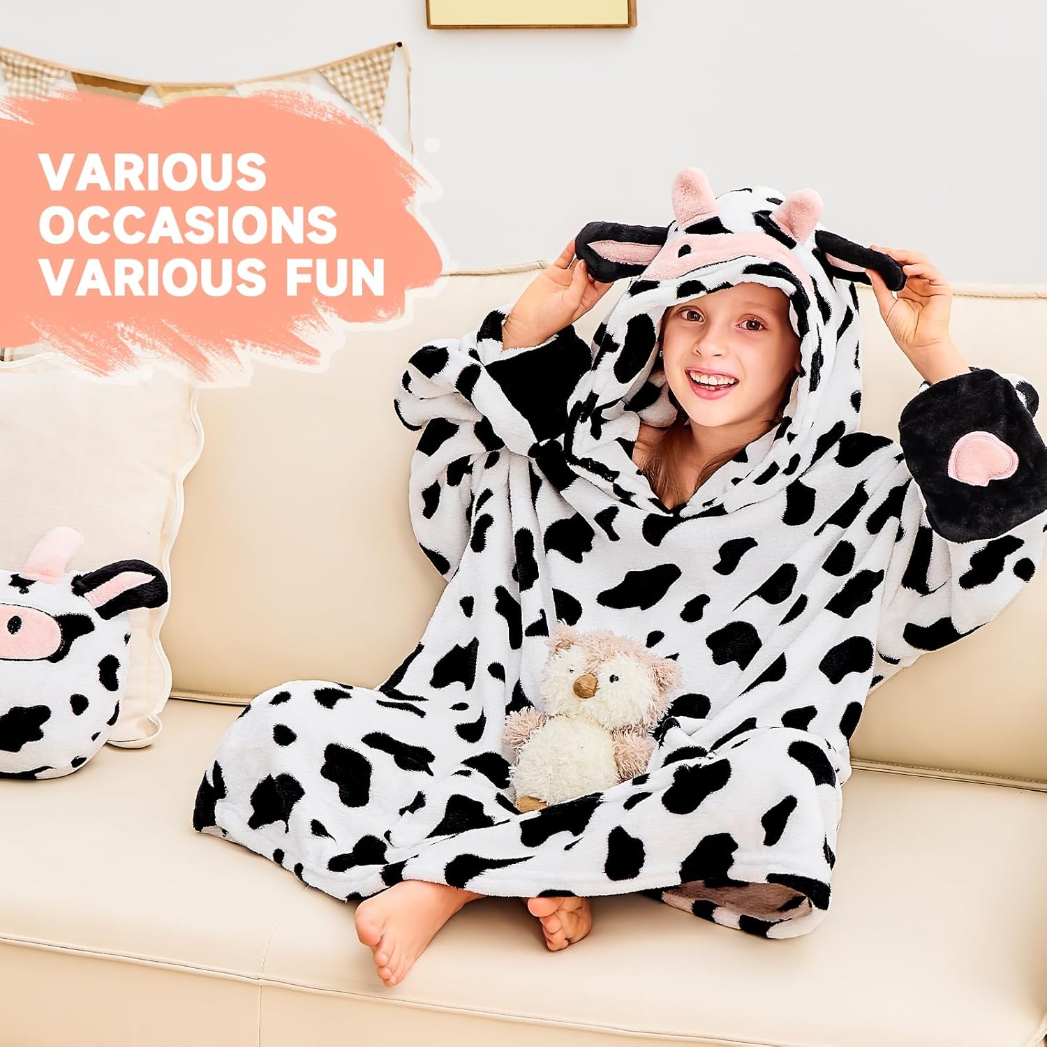 IFNOW Wearable Blanket Hoodie Kids, Oversized Fleece Blanket Sweatshirt Christmas Birthday Gifts for Boys, Girls, Teen Hoodie with Portable Foldable Blanket Pillow, Animal Embroidery 5-15 Years, Cow - Image 6