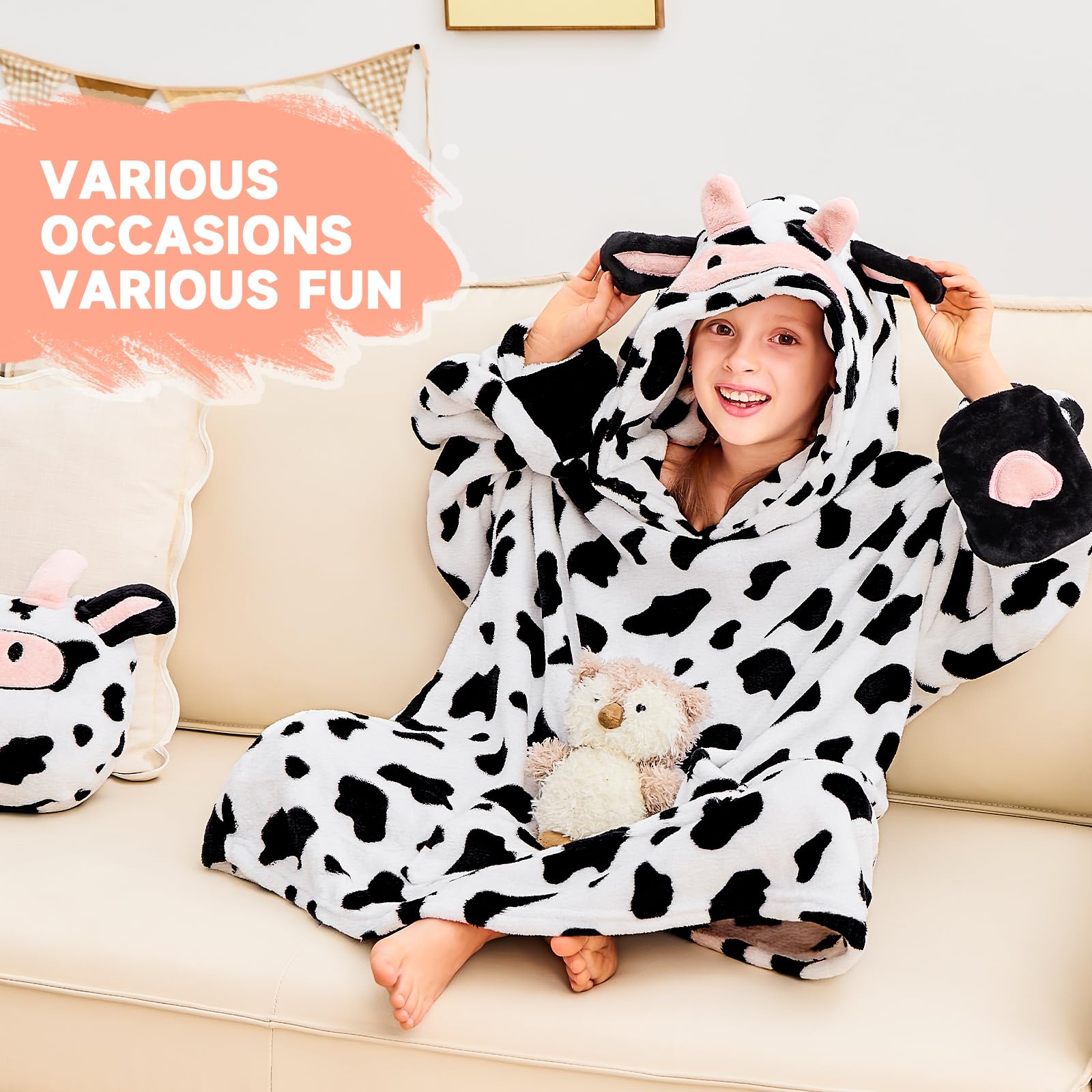 IFNOW Coperta indossabile con cappuccio per bambini, coperta oversize per adolescenti, felpa con cappuccio con animale con coperta pieghevole portatile