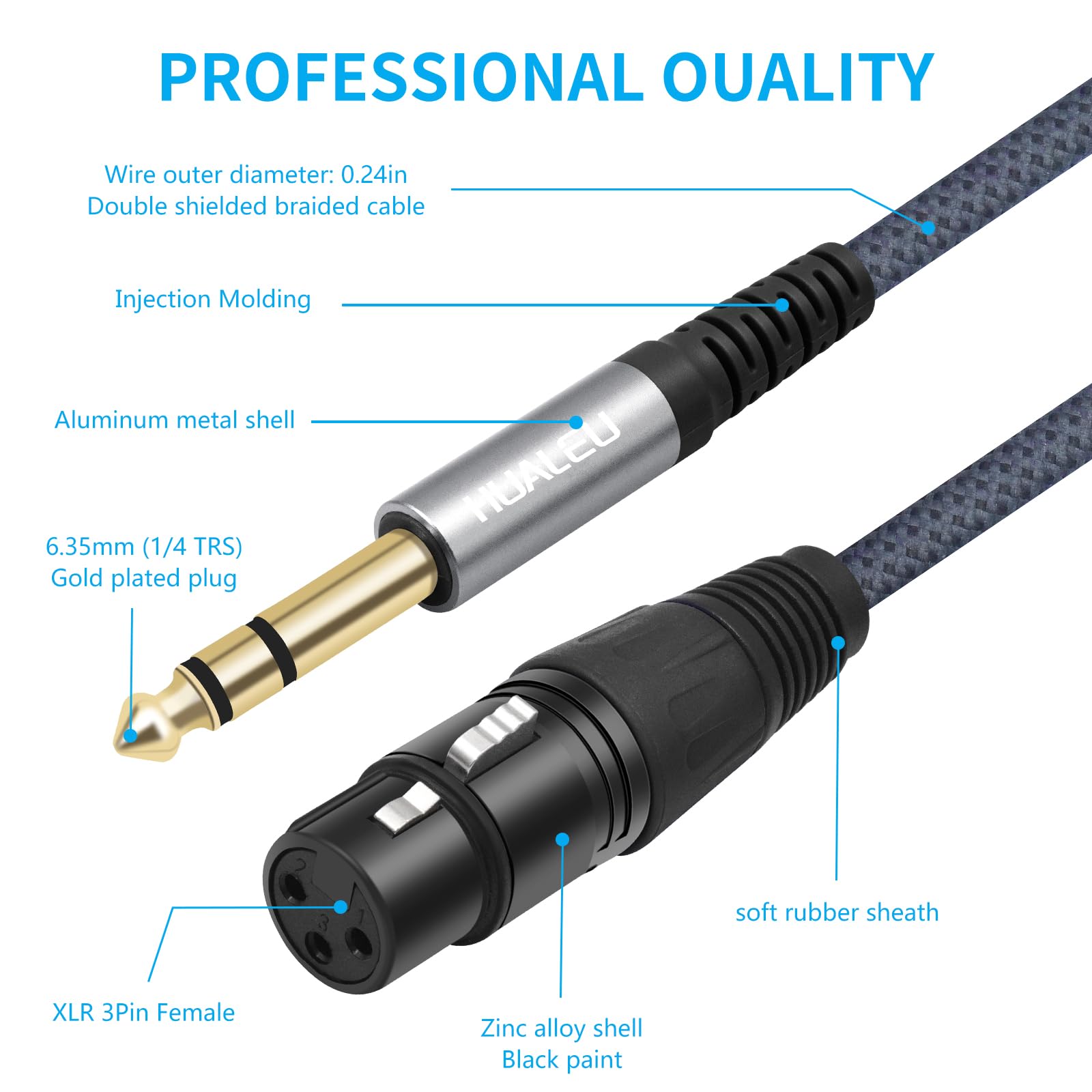 Paquete de 2 cables de micrófono TRS macho de 1/4 a XLR hembra de 3 pines, cable equilibrado trenzado de 6,35 mm TRS a XLR hembra de 10 pies para micrófono mezclador, altavoces activos