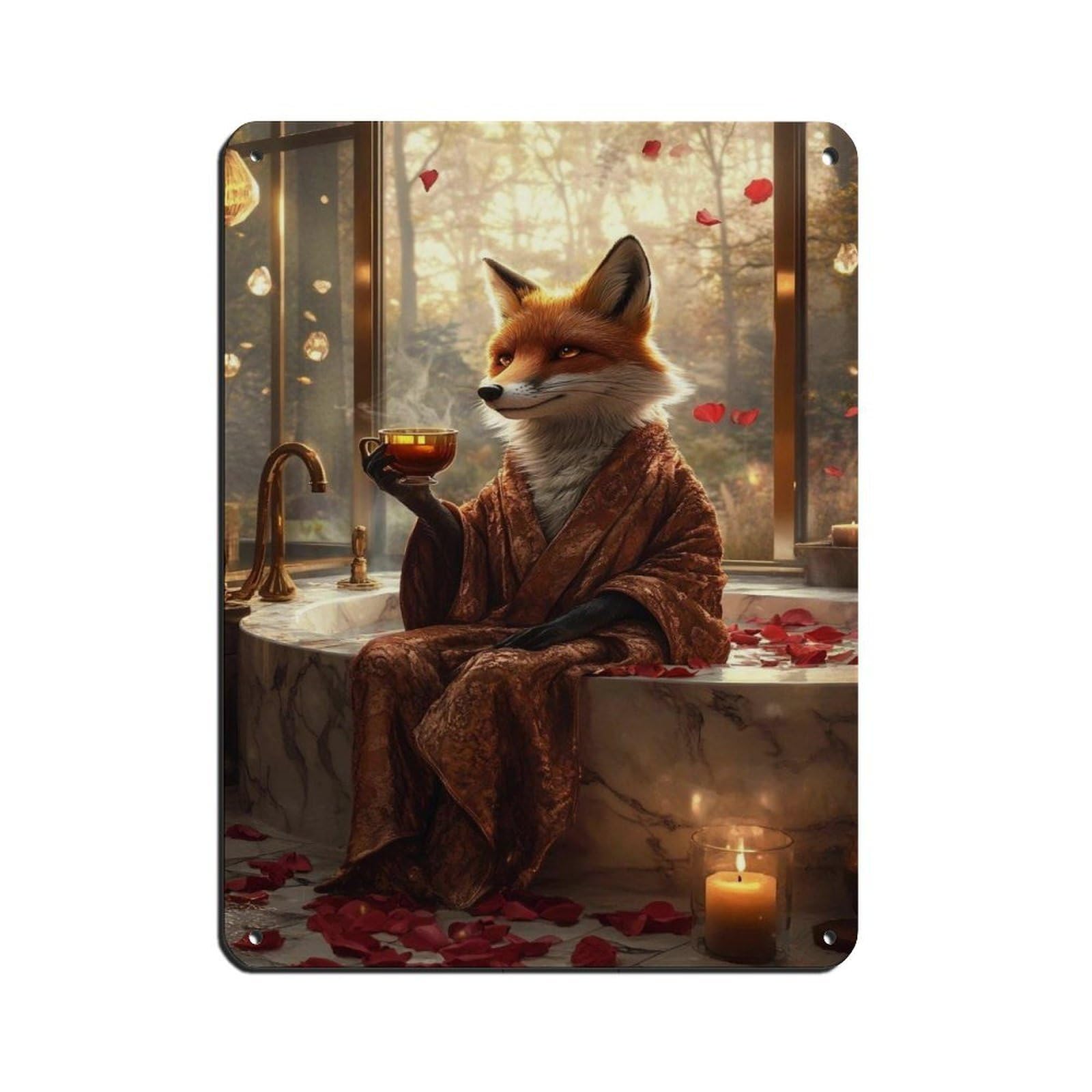 Fox Drinking Tea in Bathtub, Relaxing Fox Retro Poster Metal Tin Sign Chic Art Retro Iron Painting Bar People Cave Cafe Family Garage Poster Wall Decoration 12x16inch(30x40cm)