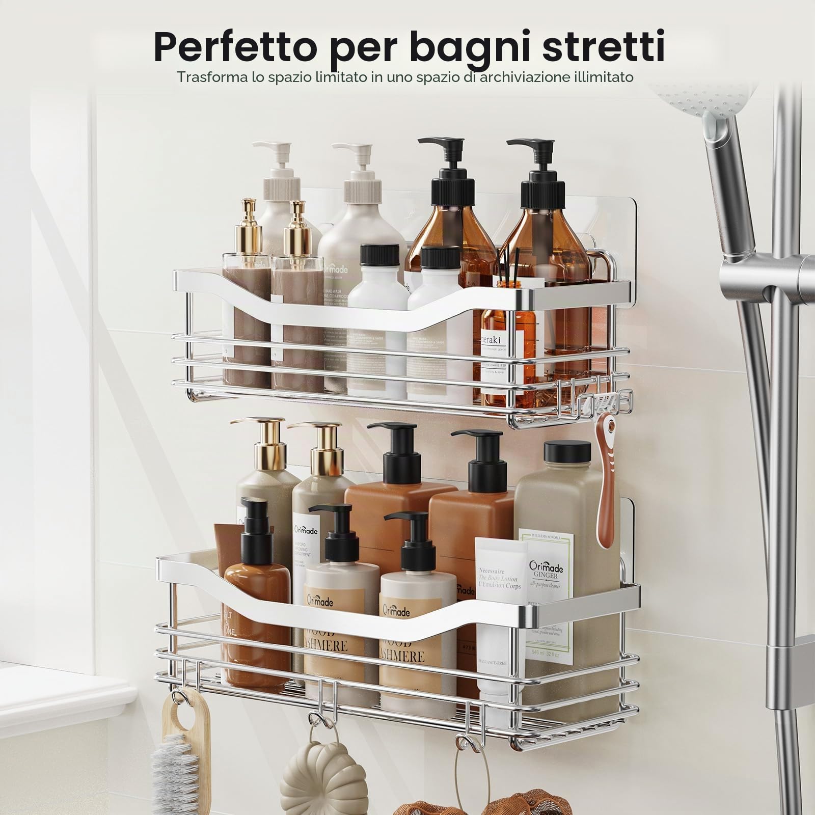 Orimade Acciaio inossidabile SUS304 - Porta doccia con 5 ganci per bagno, cestello per WC, cucina Spice Rack in acciaio SUS304, senza foratura, 2 confezioni