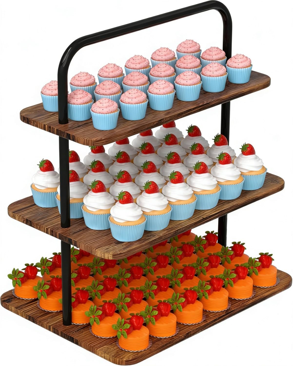 KAHEIGN 3 Niveaux Présentoir à Cupcakes en Bois, 40CM Rectangle Tour à Cupcakes Présentoir à Étages Porte-Gâteaux Réutilisable pour Mariage Anniversaire Naissance Prénatale Halloween Fête