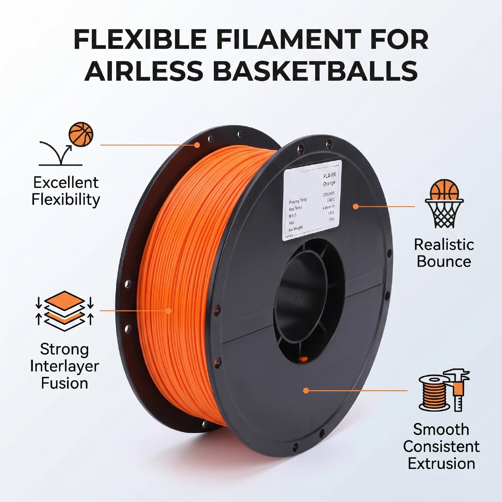 GOWENIC Filament do Koszykówki Bezpowietrzny 1KG | Elastyczny TPU z Mikrofibry o Grubości 1,75 Mm do Drukarek 3D FDM (ORANGE)