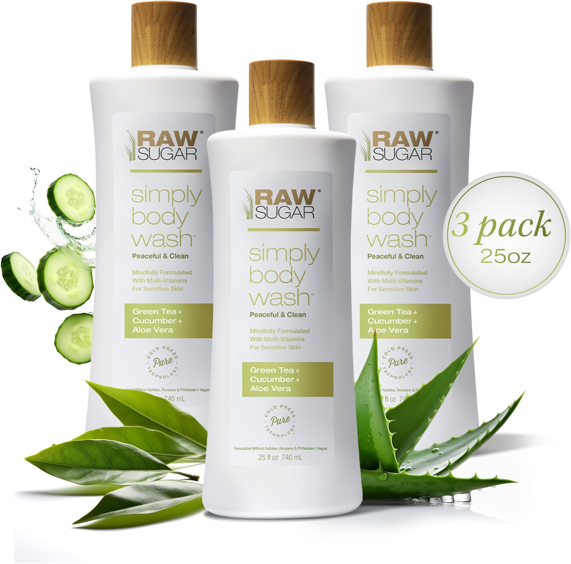 RAW SUGAR Green Tea Aloe Soother Gentle & Hydrating Body Wash, 25 Fl Oz (Pack of 3), Gentle & Soothing Bath & Shower Gel, Sensitive Skin-Friendly, Vegan, Formulated without SLS/SLES & Parabens