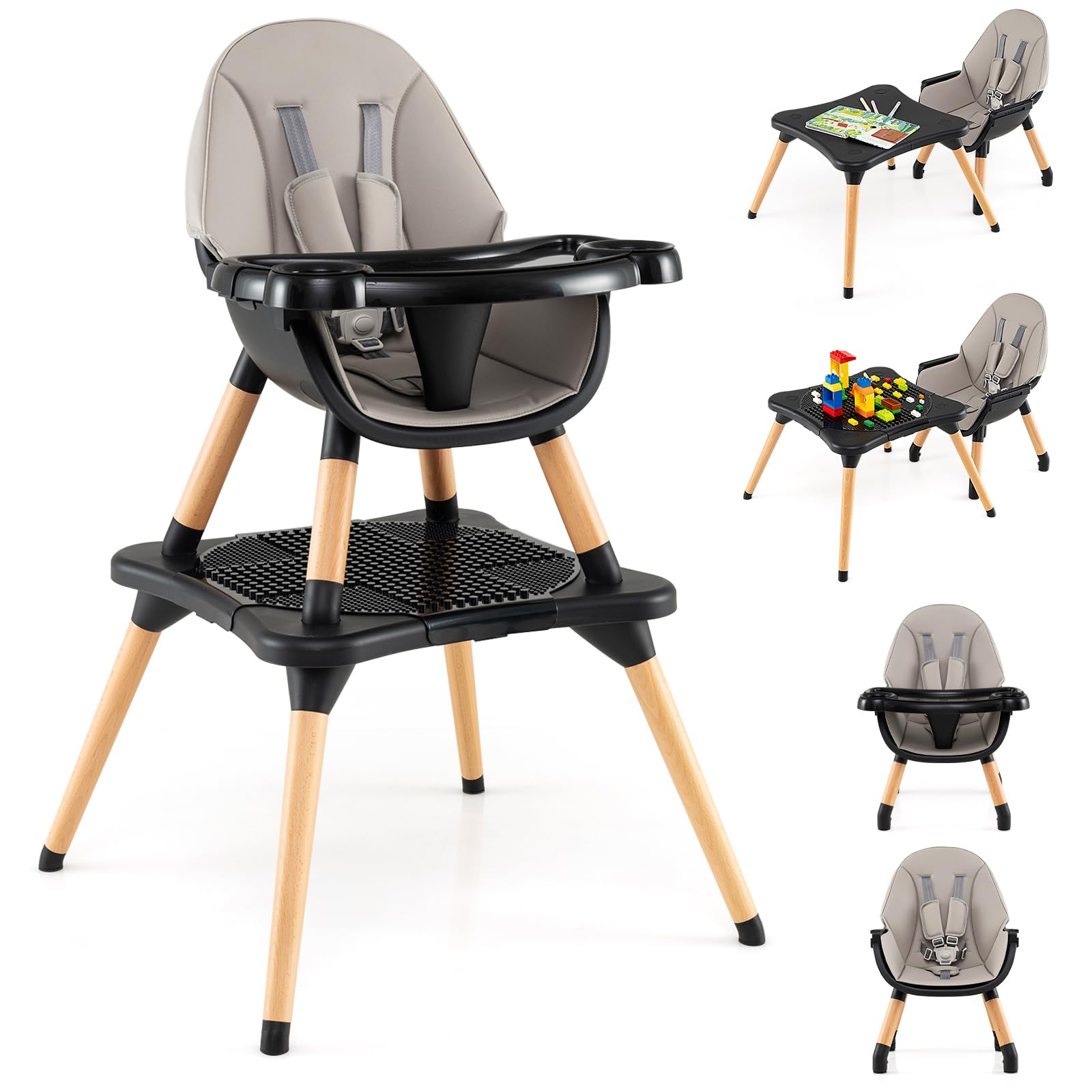 RELAX4LIFE 4 in 1 Seggiolone Pappa, Seggiolone Evolutivo con Vassoio Rimovibile e Cintura di Sicurezza, Altezza Regolabile in 4 Posizioni, per Bambini e Neonati 6-36 Mesi (Standard, Grigio Scuro)