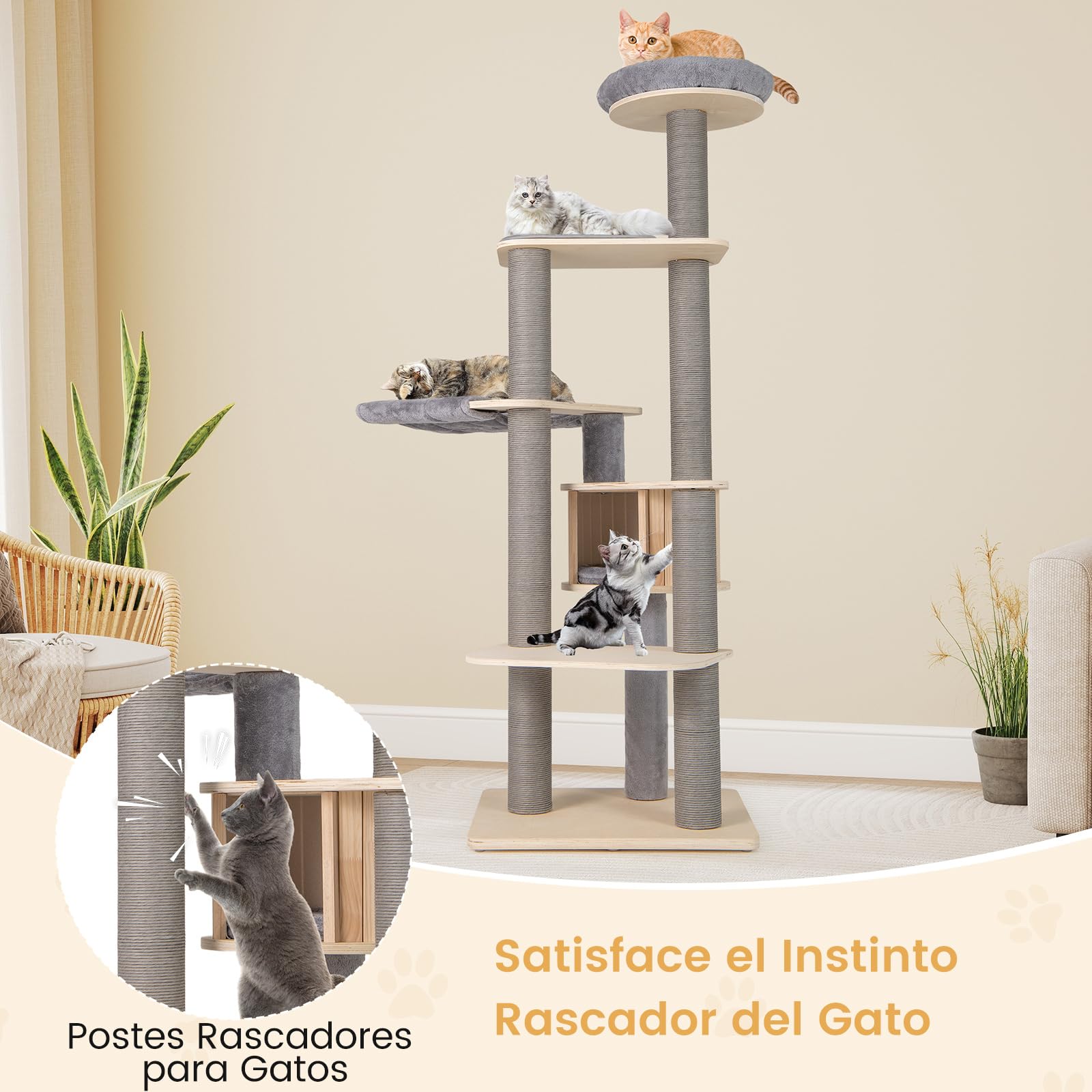 COSTWAY Árbol Rascador para Gatos de 197 cm, Torre para Gatos de Varios Niveles con Plataforma Grande, Perchero Acolchado Superior, Condo, Esteras Desmontables, Postes para Rascar, Castillo Gato, Gris