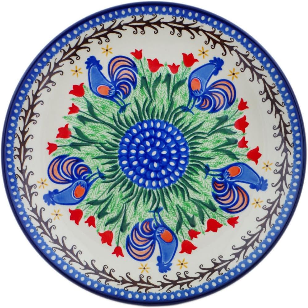 Polmedia Polish Pottery Lunch Plate UNIKAT - Spring Chickens Pattern Handmade in Boleslawiec Poland by Ceramika Artystyczna + Certificate of Authenticity