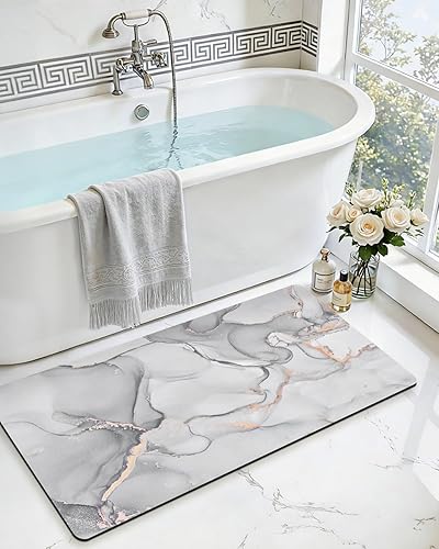 DEXI Alfombra de baño ultra fina, antideslizante para suelo de ducha, absorbente, de secado rápido, alfombras de baño de mármol, perfil bajo, 17 x