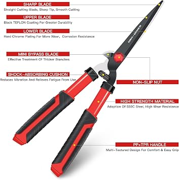 Garden Hedge Shear with Bypass Shear,Garden Hedge Trimmer with Shock Absorbing Cushion,Hedge Clipper for Trimming Border,Bush