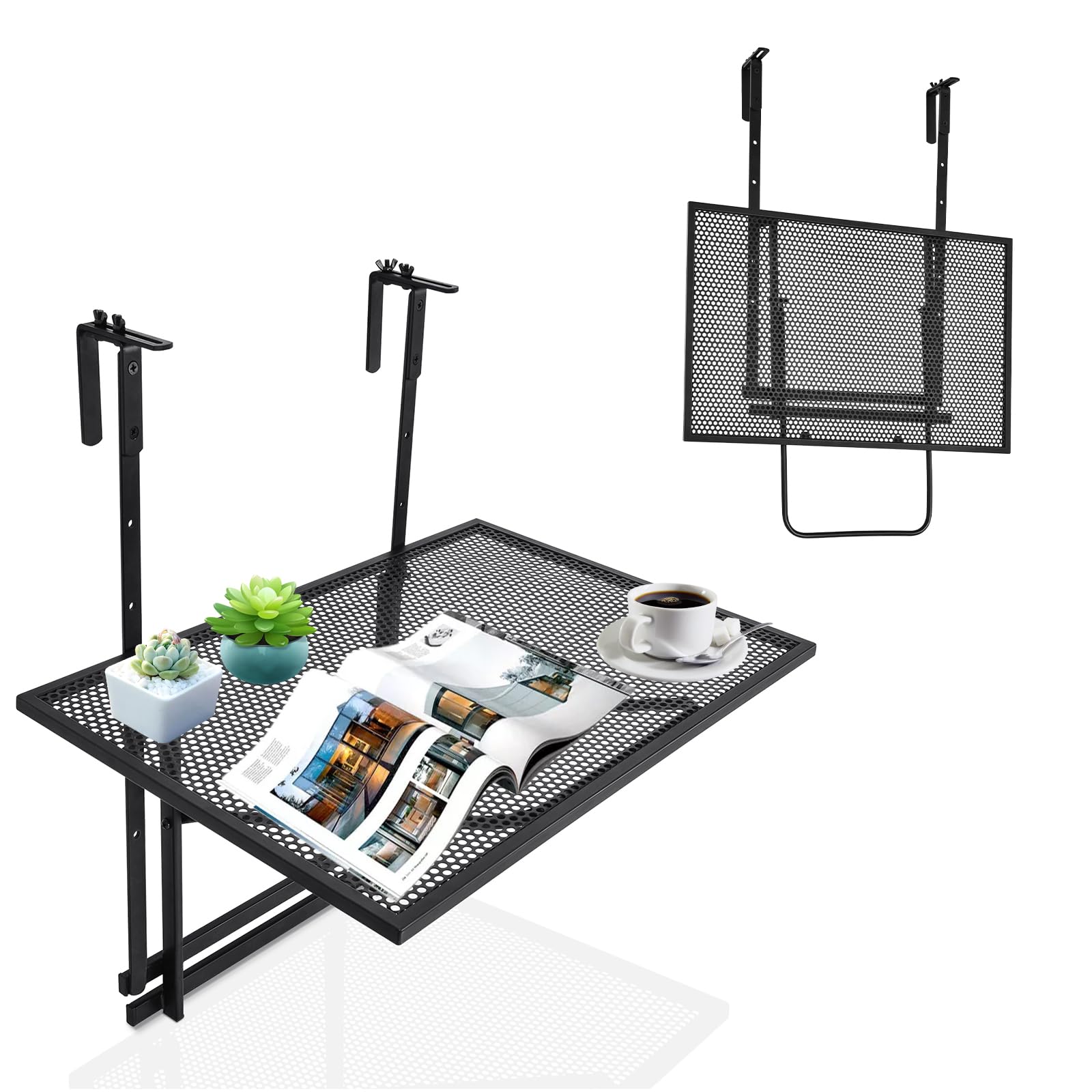 KOMFOTTEU Tavolo da balcone sospeso, 60,5 cm x 40,5 cm (lunghezza x larghezza), tavoli da servizio pieghevole, carico 20/23 kg, tavolo sospeso in ferro, per esterni e interni (regolabile in 5 altezze)
