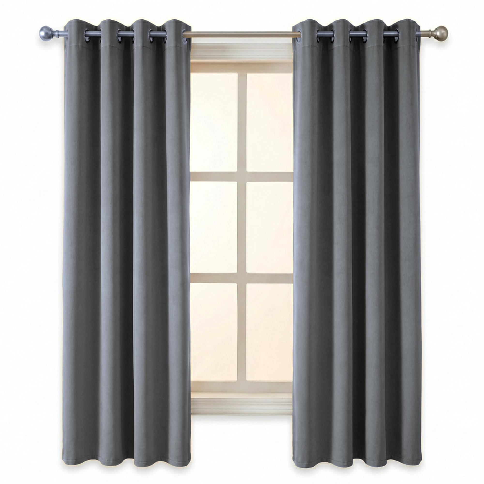 100% Blackout Window Curtains, 5 Feet, Solid Design, Faux Silk, Thermal Insulated, Noise Reducing Eyelet Door Curtain with Tie Back for Living Room & Bedroom, 115x150cm, Pack of 2 - Grey