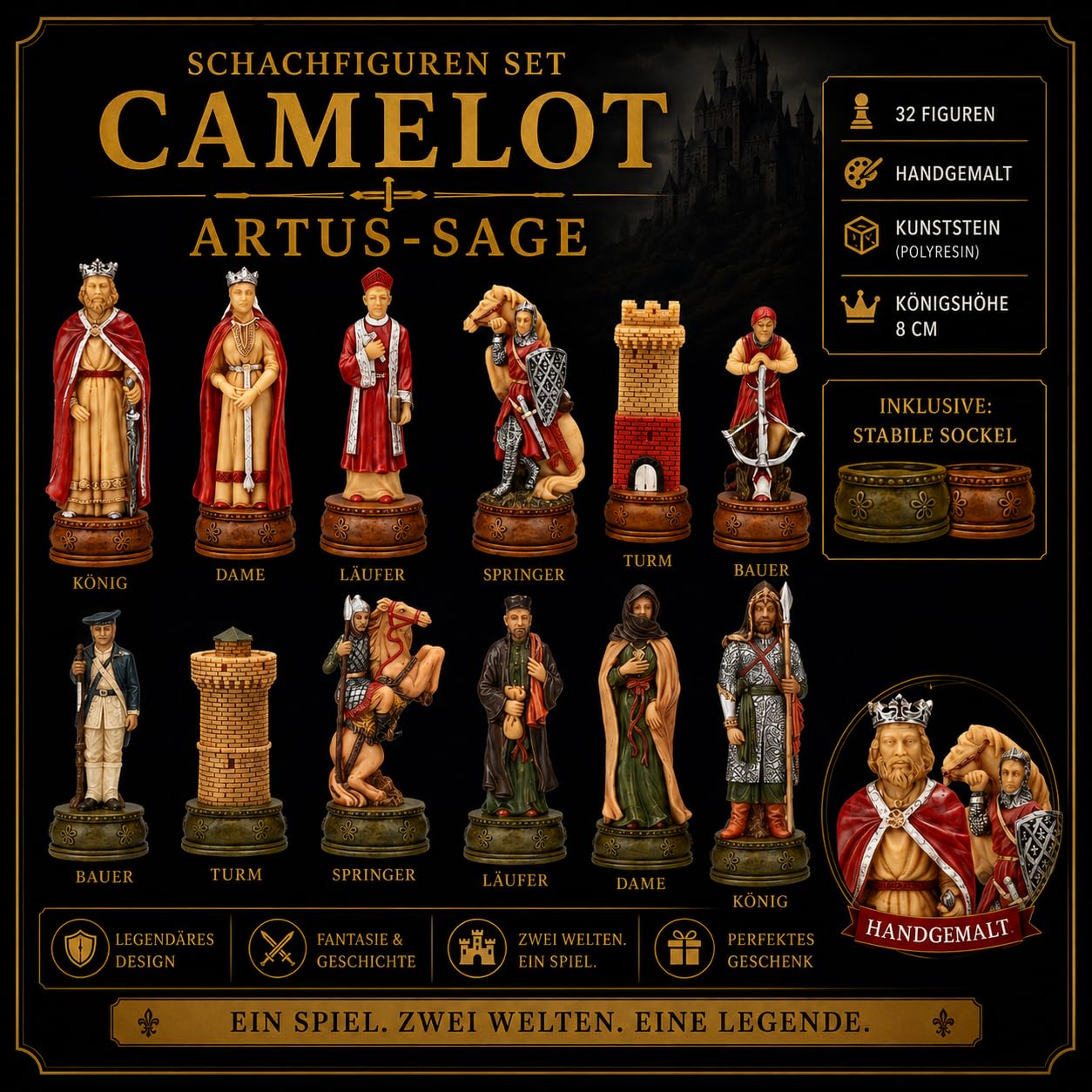 Juego de piezas de ajedrez Camelot Rey Arturo, 32 figuras de hasta 8 cm de