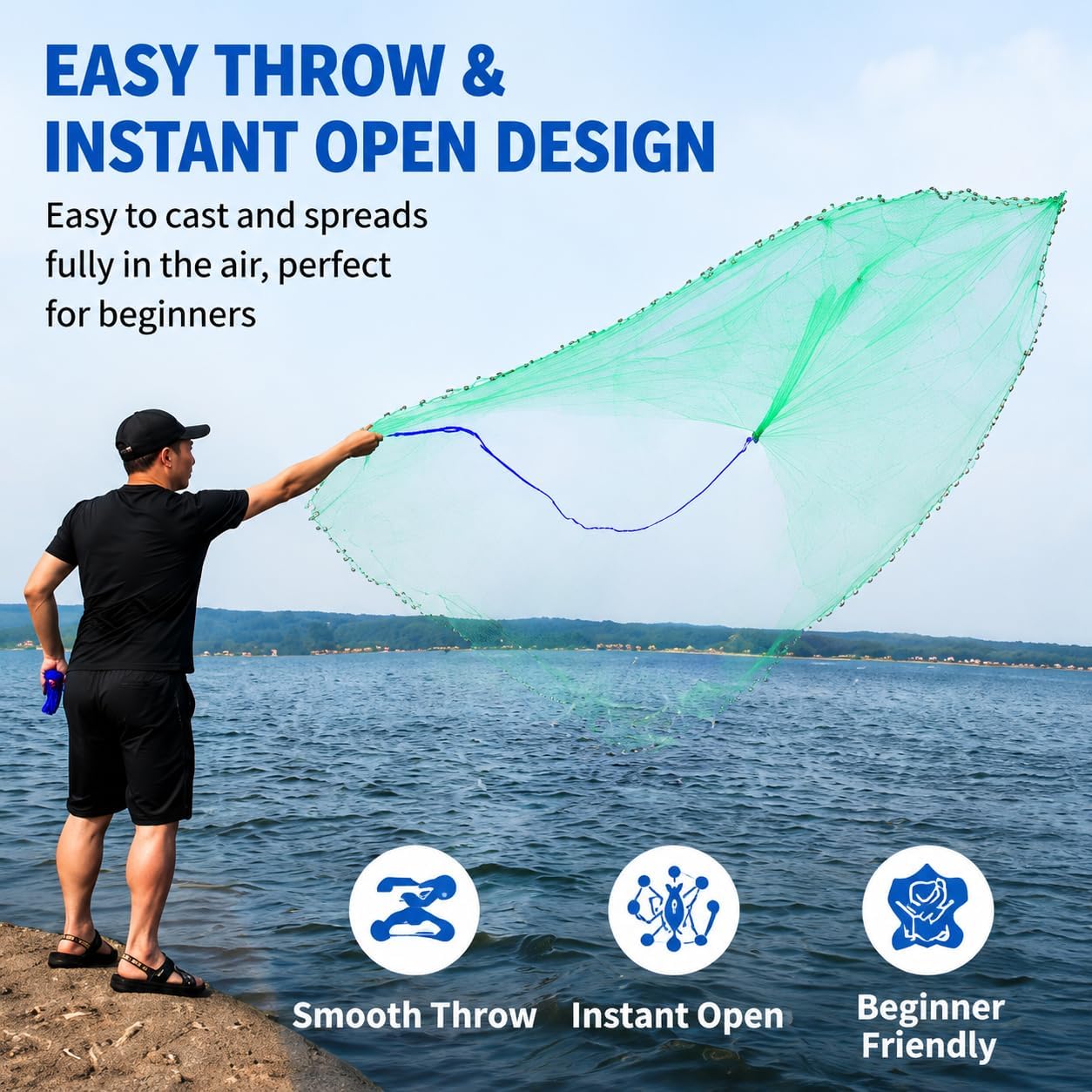 Rete da pesca multfilamento in nylon, 1,2 m/2,4 m/3,4 m/3,5 m/3,5 m, in stile americano, con pesi zincati, per acqua salata e acqua dolce