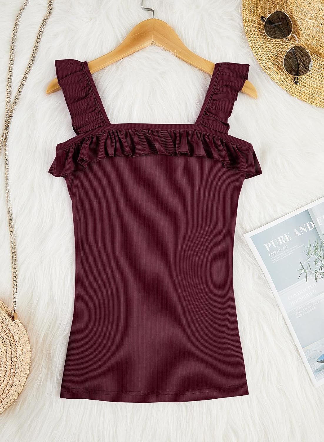 Womens Cute Sleeveless Tank Tops Ruffle Strap Square Neck Blouse Solid Color Knitted Camisole - Image 5