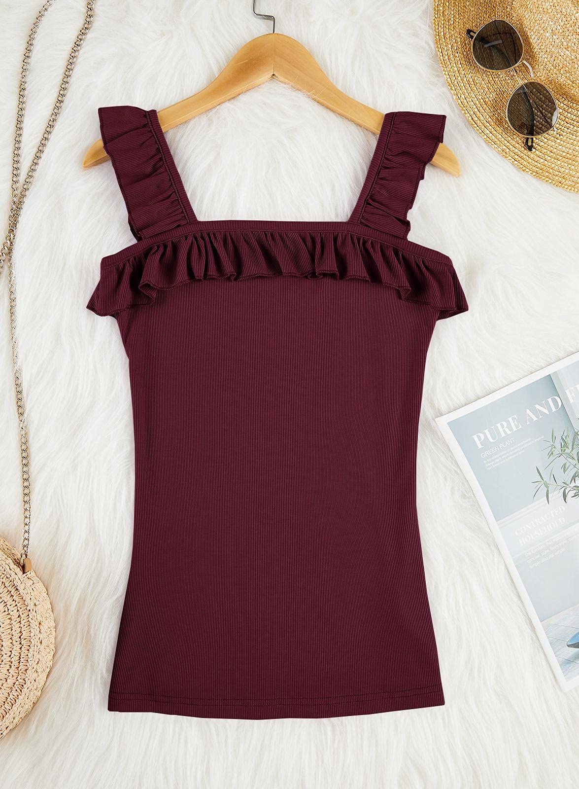Womens Cute Sleeveless Tank Tops Ruffle Strap Square Neck Blouse Solid Color Knitted Camisole