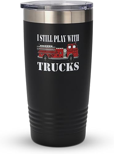 Miniatura 1 de Rogue River Tactical Divertida taza de café de acero inoxidable con tapa con diseño de bomberos Still Plays With Fire Trucks, gran idea de regalo