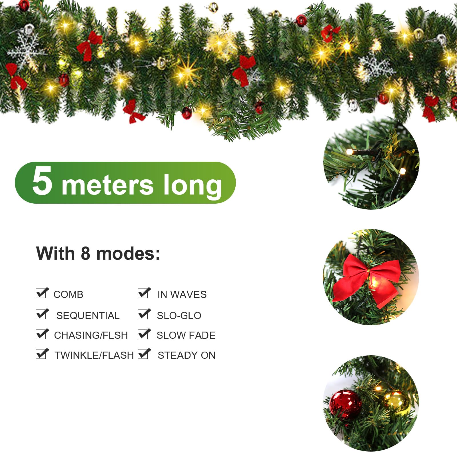 2X Weihnachtsgirlande mit Beleuchtung, 5m 100 LEDs inkl.Deko Tannengirlande Grün Künstlicher Innen & Außen Weihnachtsdeko für Treppen Kamin Haustür weihnachtsdeko Girlande