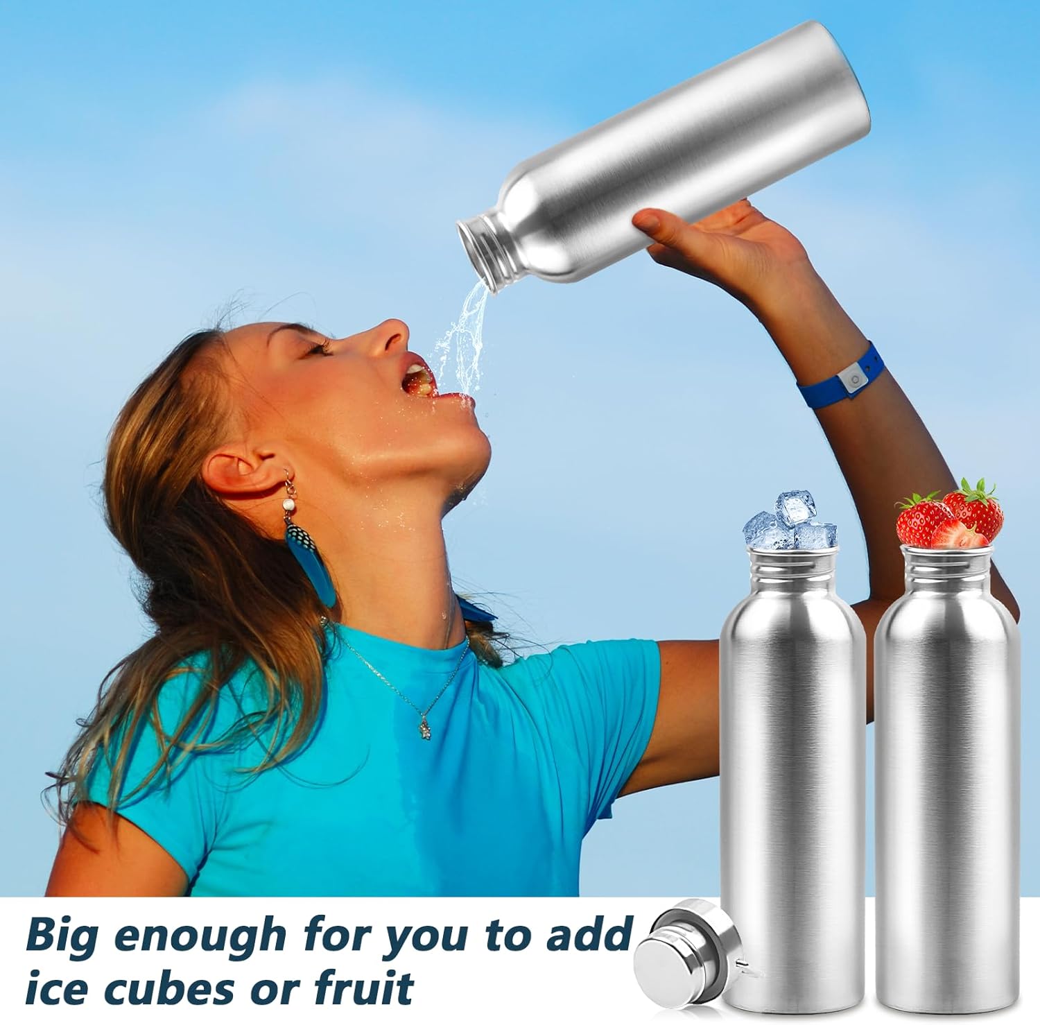 4 Pack 34oz Uninsulated Single Walled Stainless Steel Sports Water Bottle with Handle 304 18/8 Stainless Steel Camping Water Bottle for Cyclists Runners Hikers Beach Goers Picnics Camping