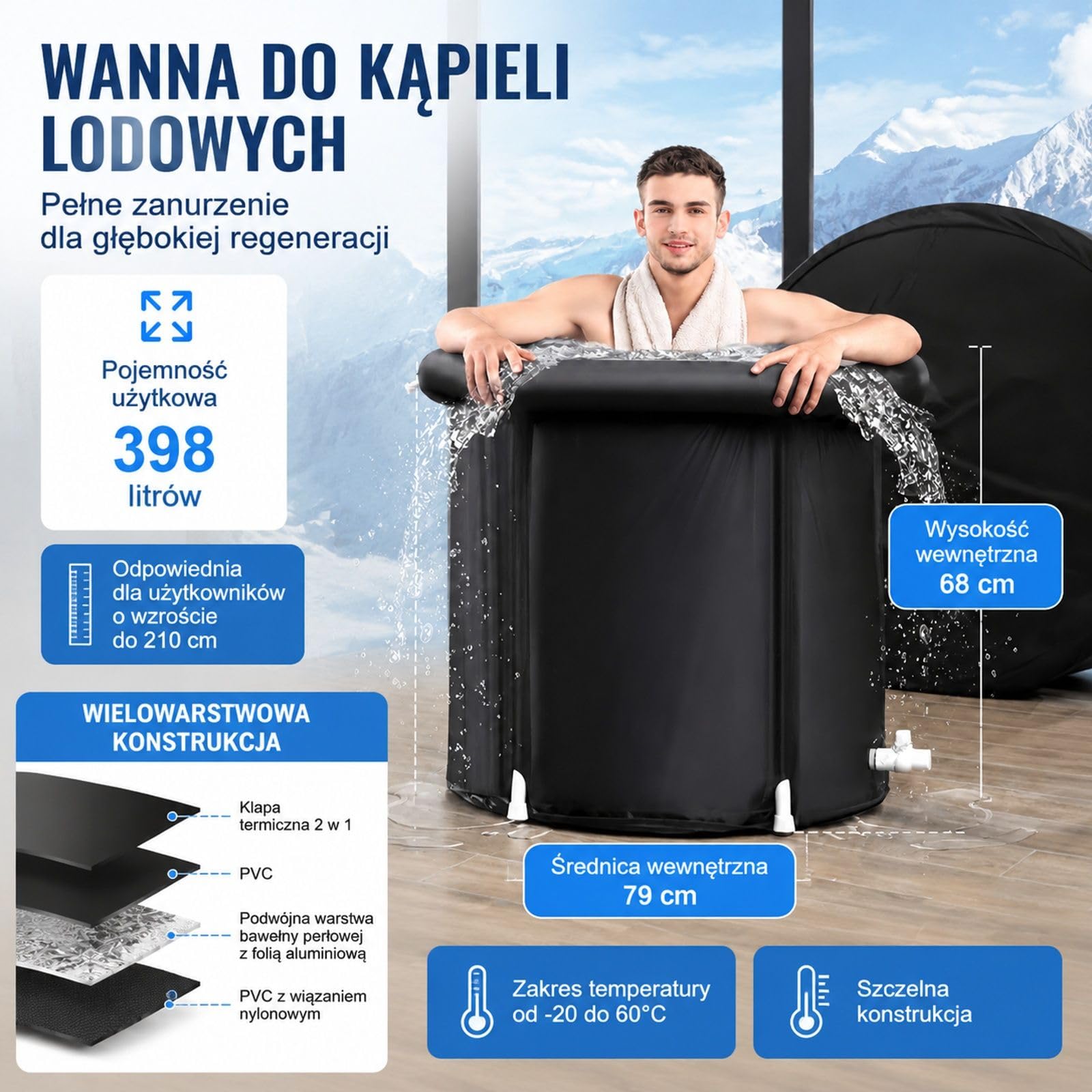 Nadmuchiwana wanna lodowa 330 L, czarna okrągła składana wanna z pokrywą do domu i na zewnątrz