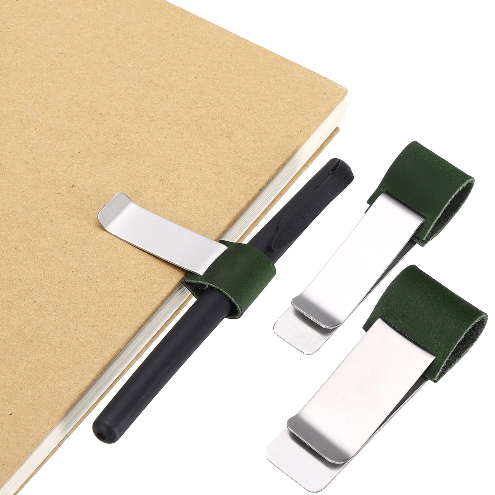 PATIKIL 2Pcs Pen Loop for Notebook, Brass Retro Leather Pencil Holder Pen Clip for Notebook Clipboards Pocket Office Traveler Journals Planner, Dark Green/Silver