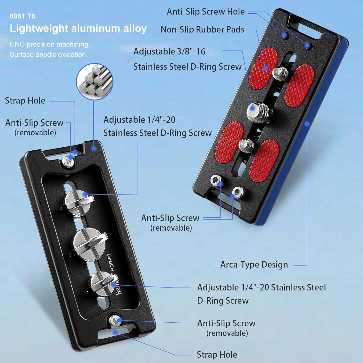 Haoge HQR-90 Tripod Arca Plates 90mm Universal Arca Swiss Quick Release Plate for Tripod Ball Head with Hand-Adjustable Stainless Steel Screw of 1/4" and 3/8" Built-in Strap Hole (New Version) - Image 4