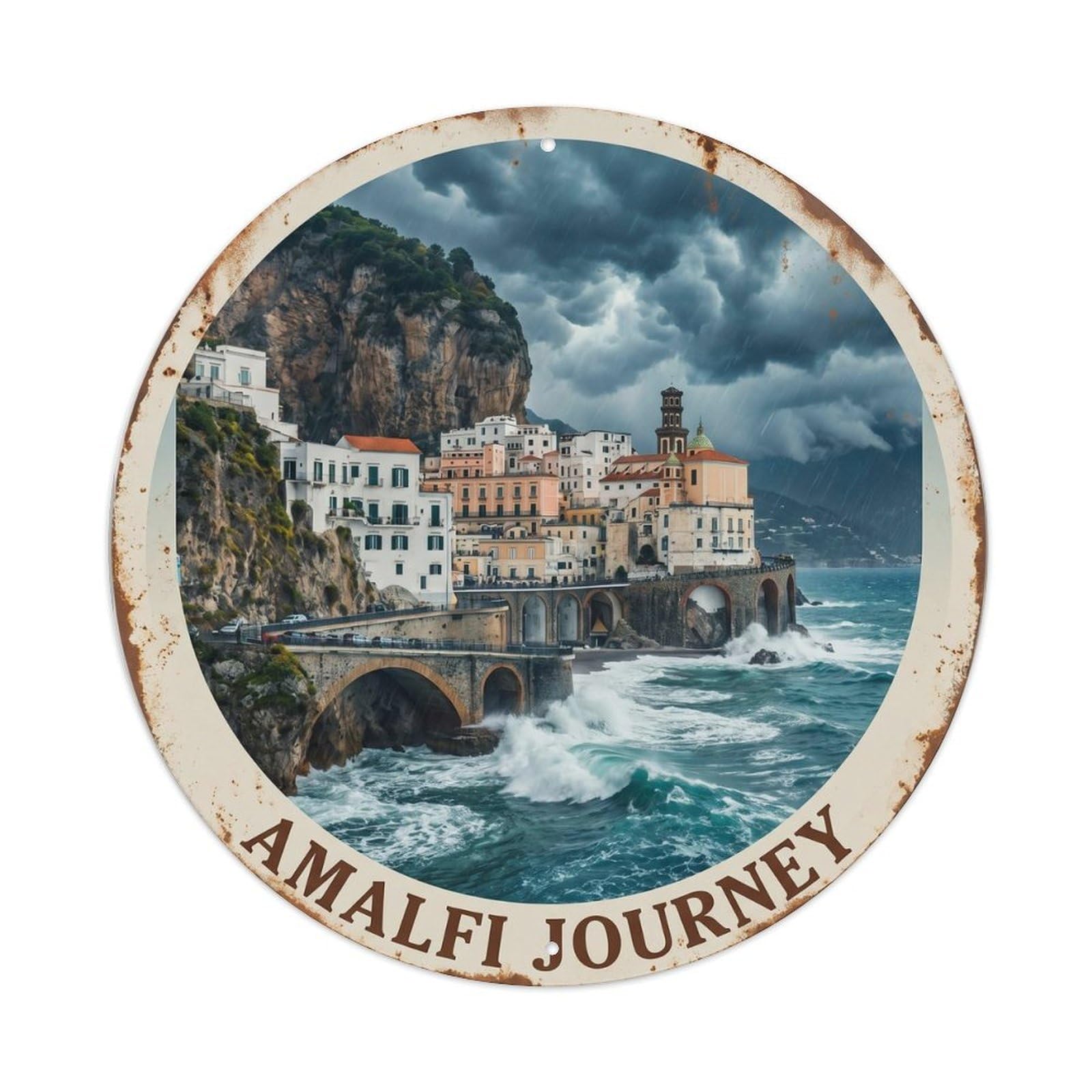 Italy Mediterranean Coastal Destination Scenery Storm Metal Tin Sign Plaque Wall Decor for Cafe, Man Cave, Club Bar, Office, Home Garden Round Metal Poster 8x8Inch
