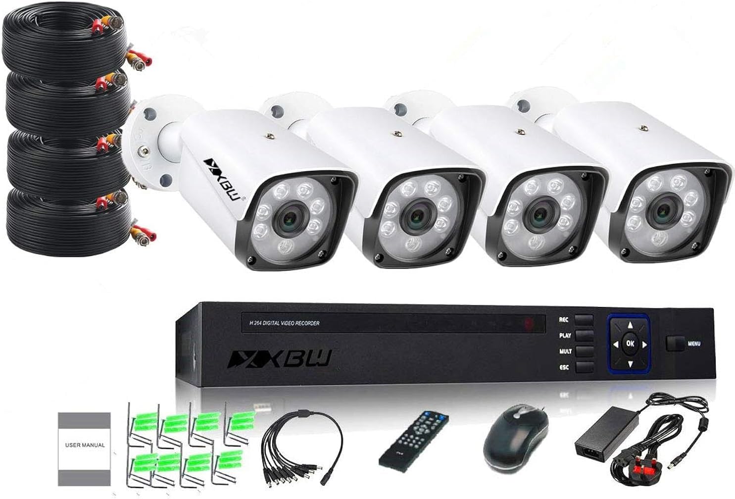 4Channel CCTV security Kit 1080P/2.0MP 1920X1080 Camera 4CH Surveillance DVR kit with 8pcs 2.0mp 1080P Metal Outdoor Bullet Camera Alarm System&P2P Home Security(Not HDD)