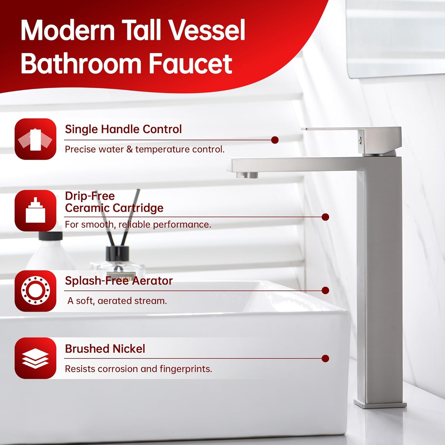 sumerain Brushed Nickel Tall Bathroom Vessel Sink Faucet, Water-Saving Lavatory Faucet Single Hole Single Handle, 304 Stainless Steel
