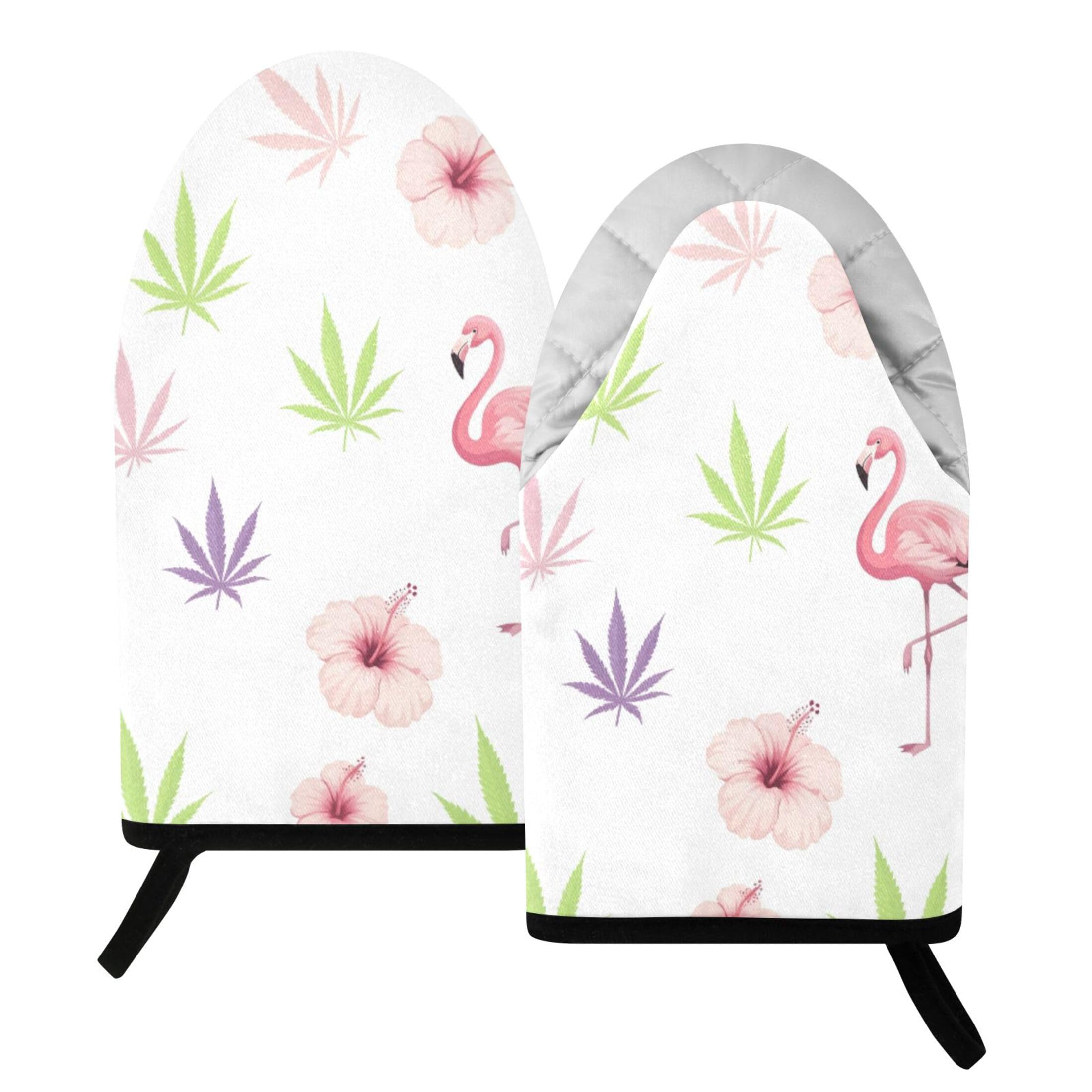 Fuauuyl Oven Mitts Heat Resistant Kitchen Gloves, Pink Flamingos Tropical Flowers Classic Oven Gloves with Hanging Loop for Baking BBQ Cooking Grilling, 1 Pair, 9.5 in