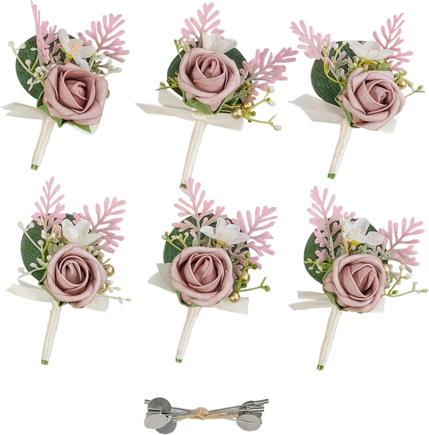 Wedding Party Boutonniere for Men with Pins-Set of 6-Groom and Groomsmen Boutonniere for Wedding Ceremony Anniversary, Dinner Party, Prom Flowers and Fall Vintage Homecoming (Dusty Rose)