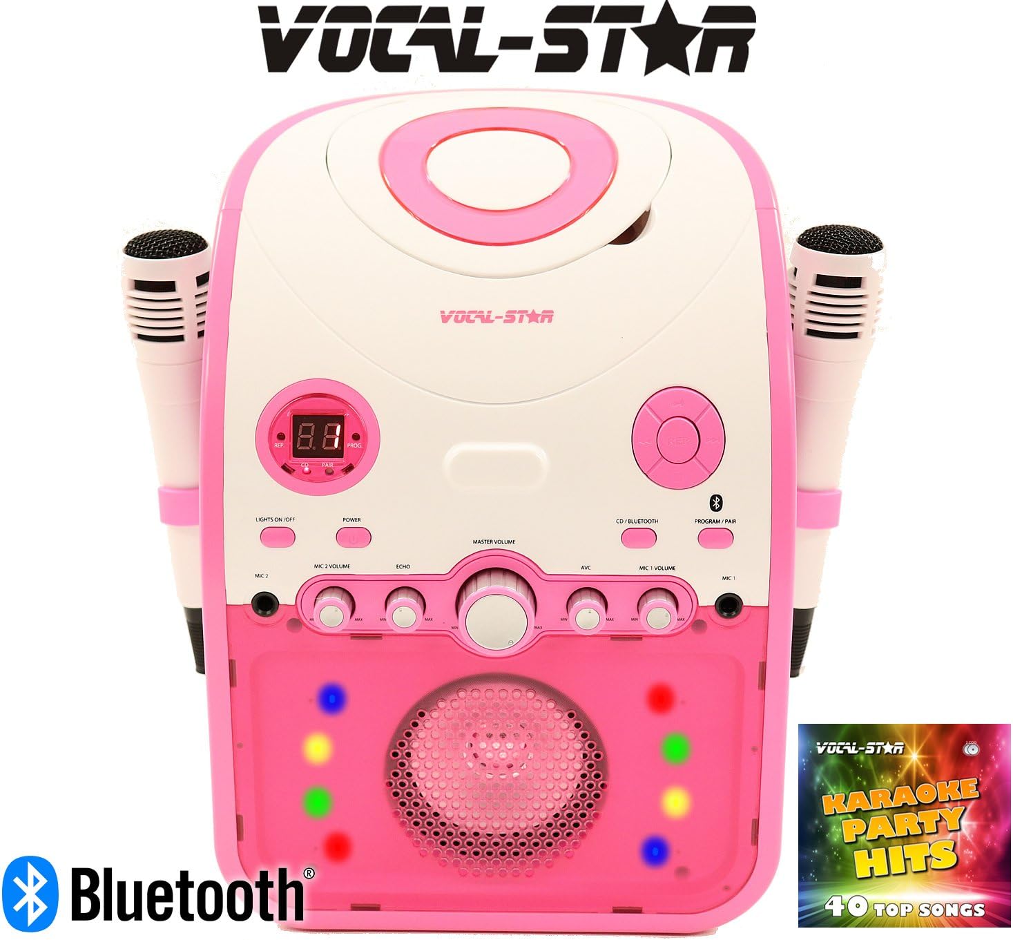 Vocal-Star Pink PartyBox CDG CD Bluetooth Karaoke Machine With Led Light Effect 2 Microphones & 40 Songs