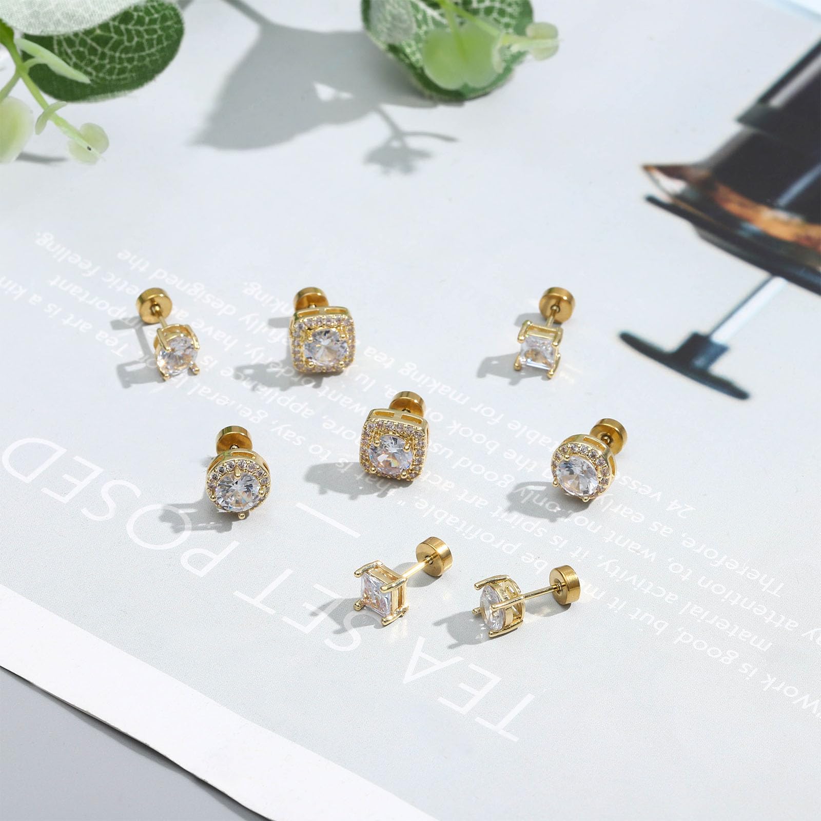 NEWITIN 4 Pairs Stainless Steel Stud Earrings for Men Hypoallergenic Earring Flatback Earring Screw Back Studs Inlaid Cubic Zirconia Stud Earrings for Women Men